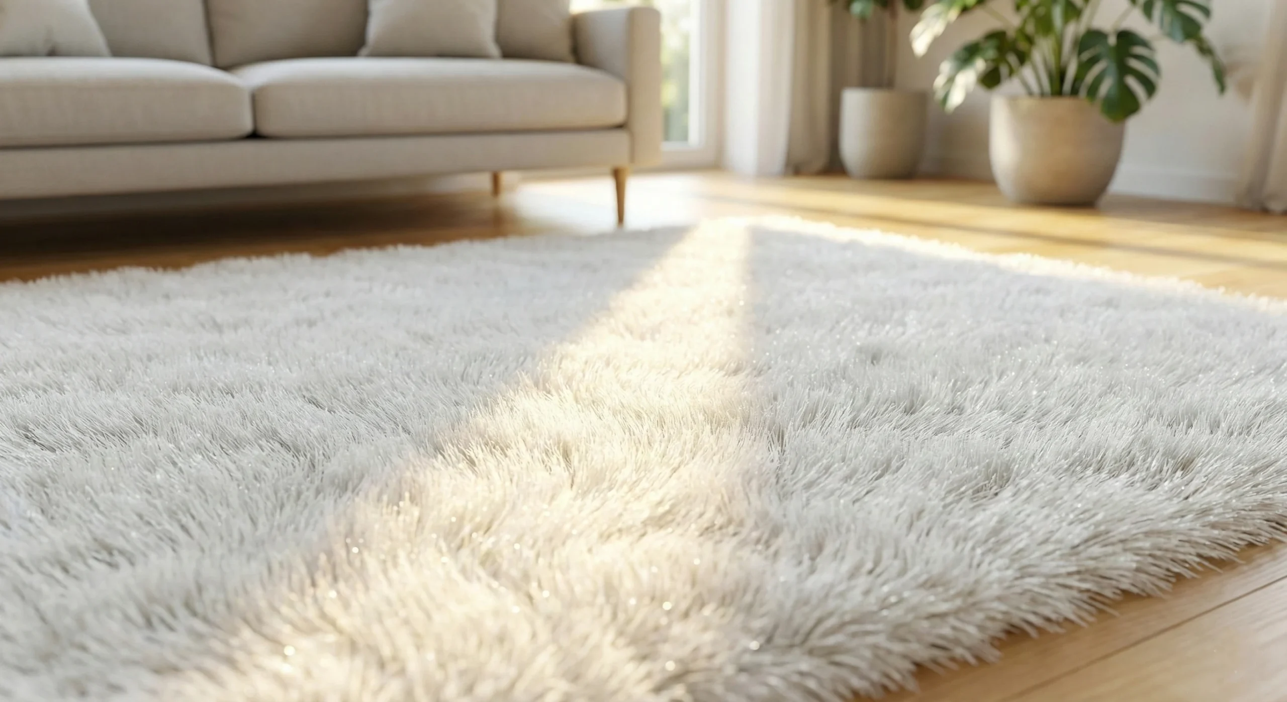 Gros plan d'un tapis blanc pelucheux et parfaitement propre baigné de soleil dans un salon moderne, illustrant l'importance d'un entretien régulier pour une hygiène impeccable.