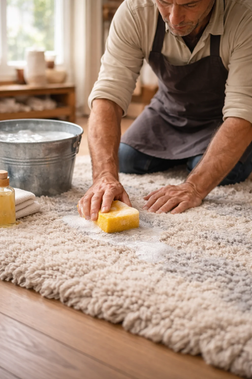 Artisan tapissier effectuant un entretien délicat de tapis en laine avec nettoyage manuel à l'éponge