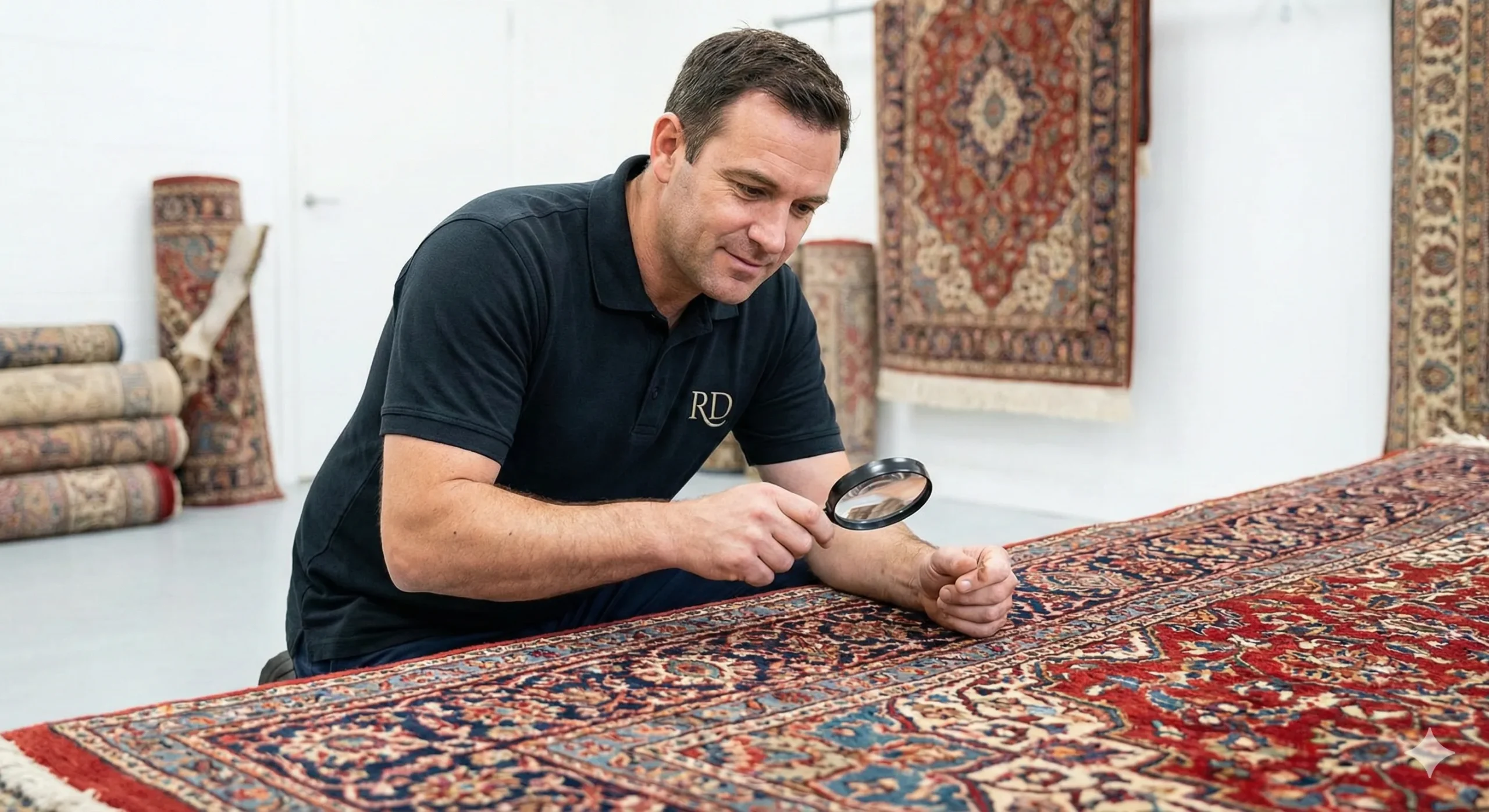 Un expert en nettoyage de tapis inspectant minutieusement les fibres d'un tapis oriental avec une loupe dans son atelier, illustrant le savoir-faire et la précision d'un professionnel de la restauration de tapis dans les Yvelines.