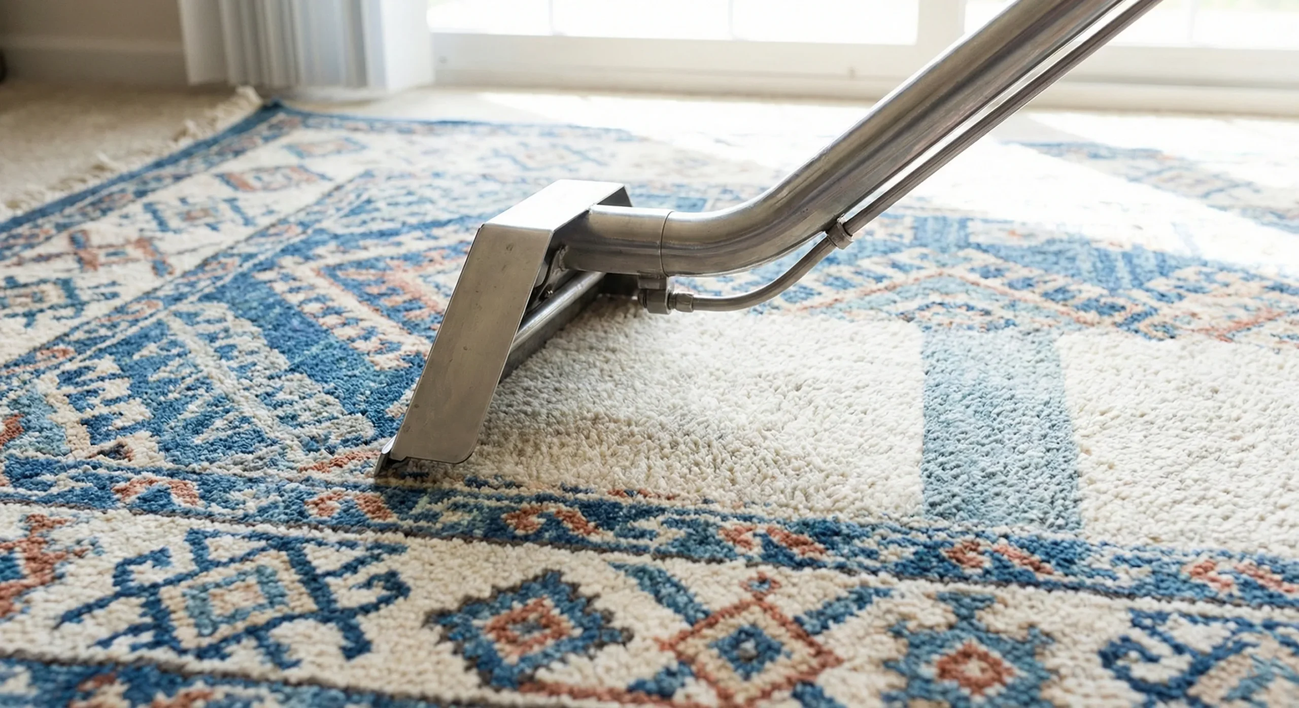 Gros plan sur un équipement de nettoyage professionnel en métal ravivant les couleurs d'un tapis à motifs géométriques bleus et beiges, illustrant un nettoyage en profondeur efficace