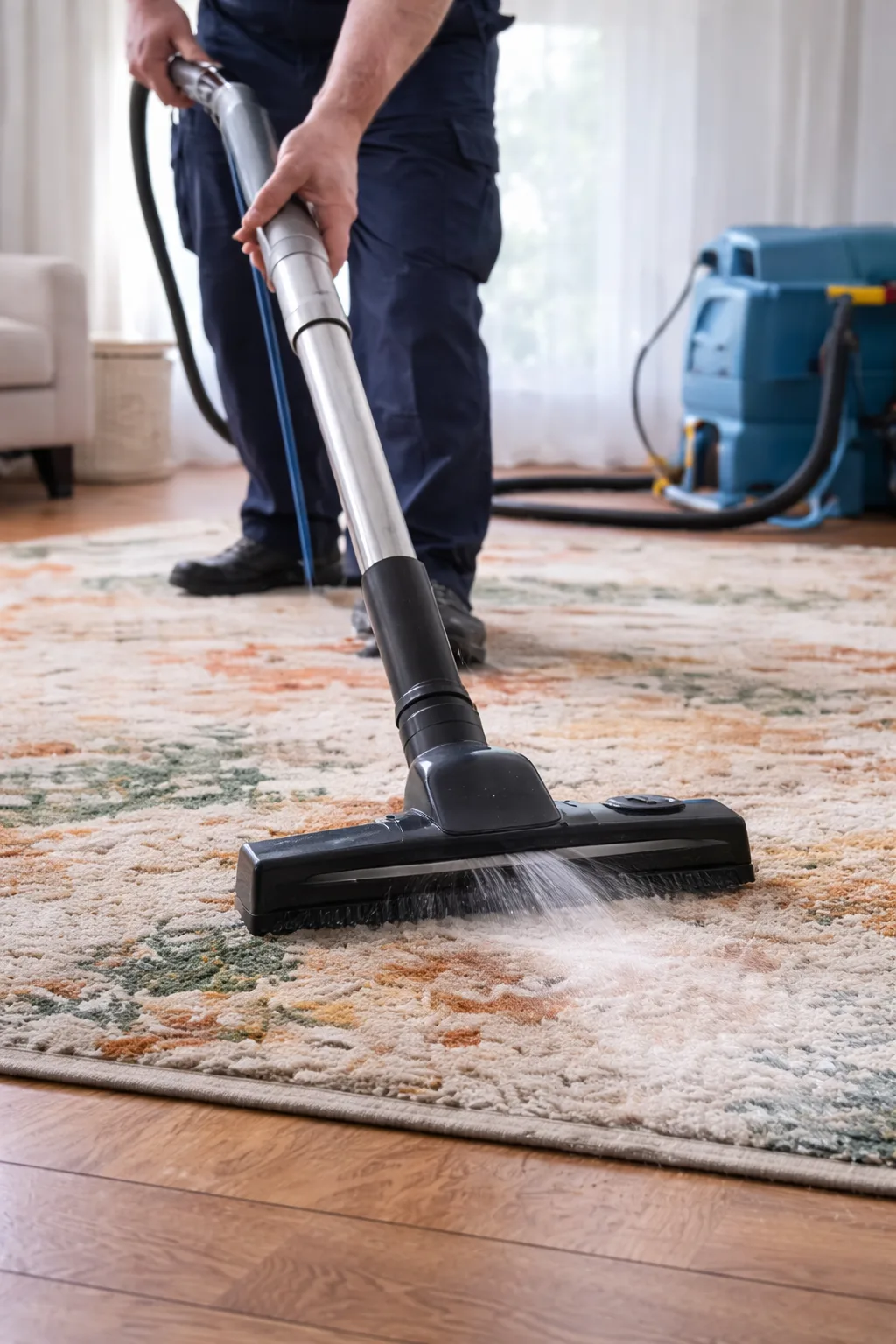 Professionnel du nettoyage de tapis utilisant un aspirateur et une machine d'extraction à domicile