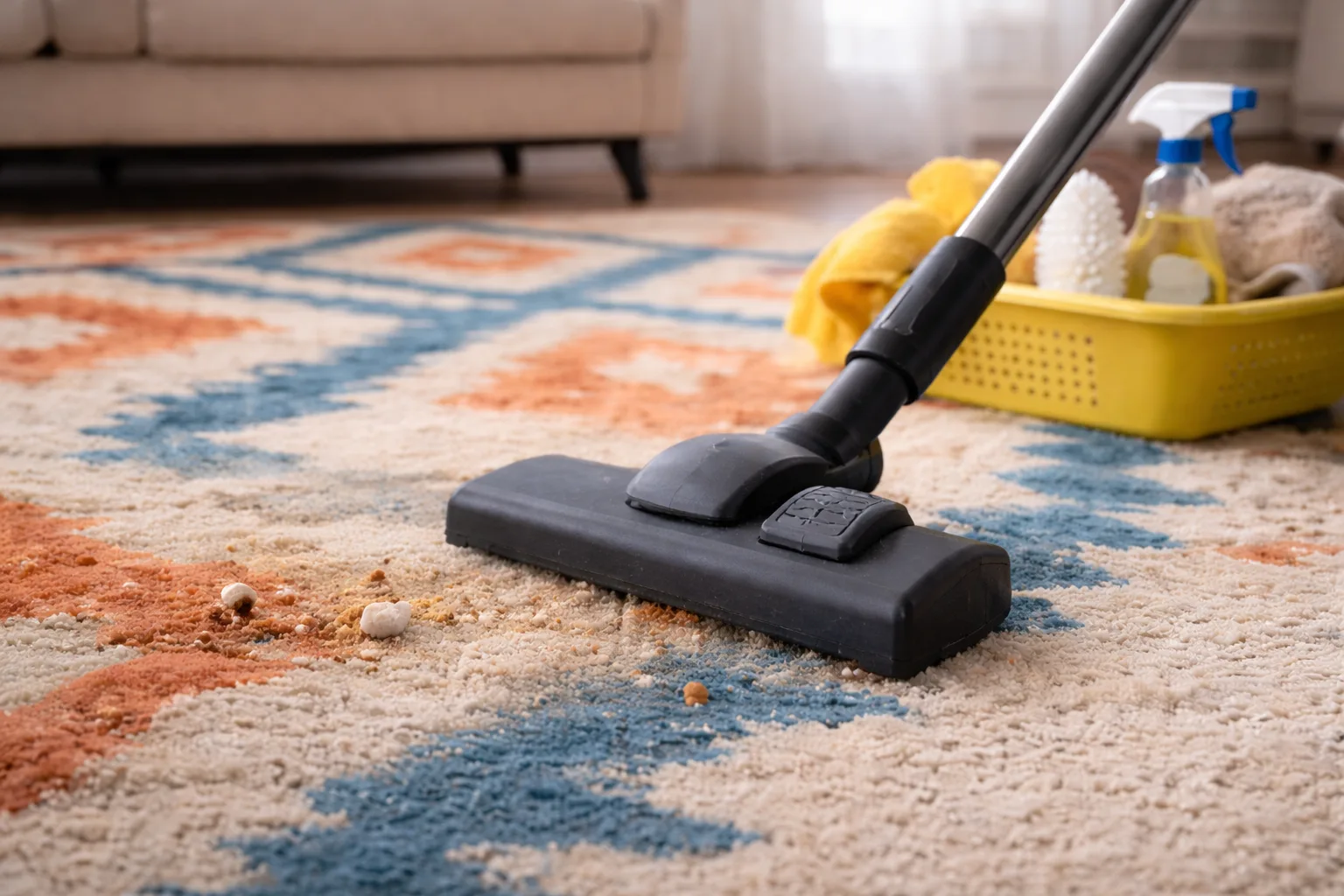 Nettoyage de tapis de salon avec aspirateur et produits naturels vinaigre blanc bicarbonate