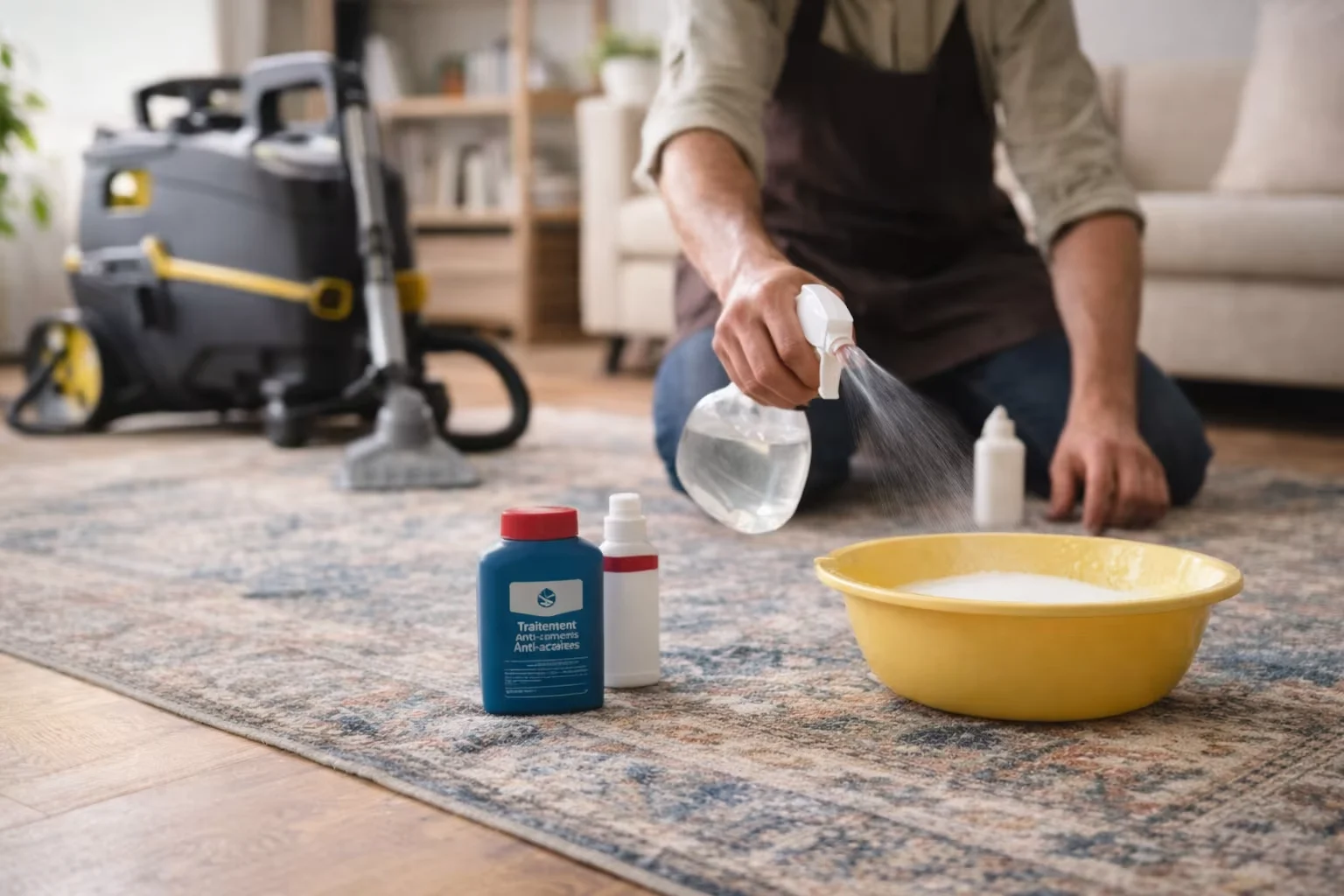 Professionnel préparant une solution de nettoyage pour tapis avec produits spécialisés et machine d'extraction en arrière-plan<br />
