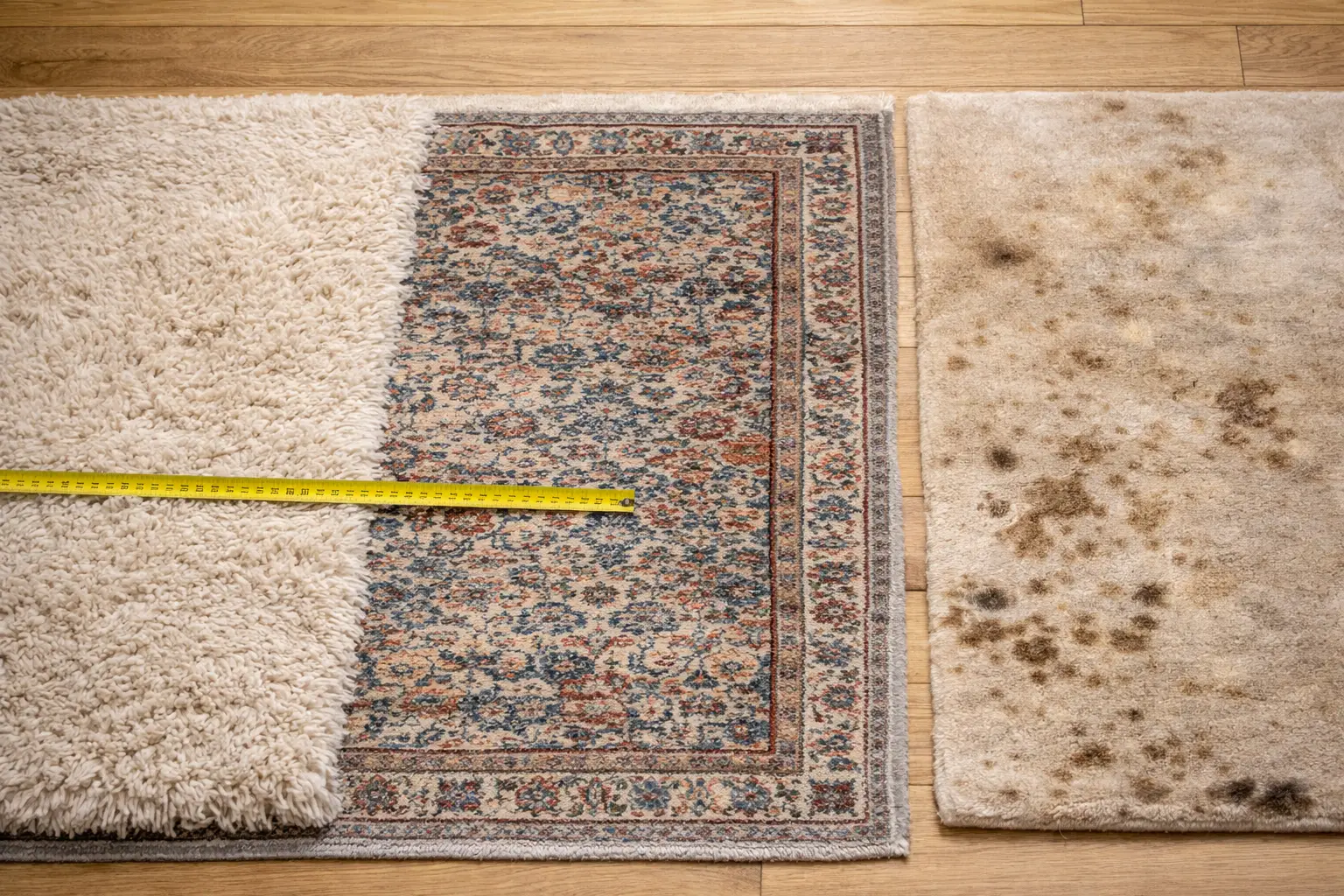 Comparaison de trois types de tapis avec mètre ruban pour estimer le prix du nettoyage selon dimensions et matières