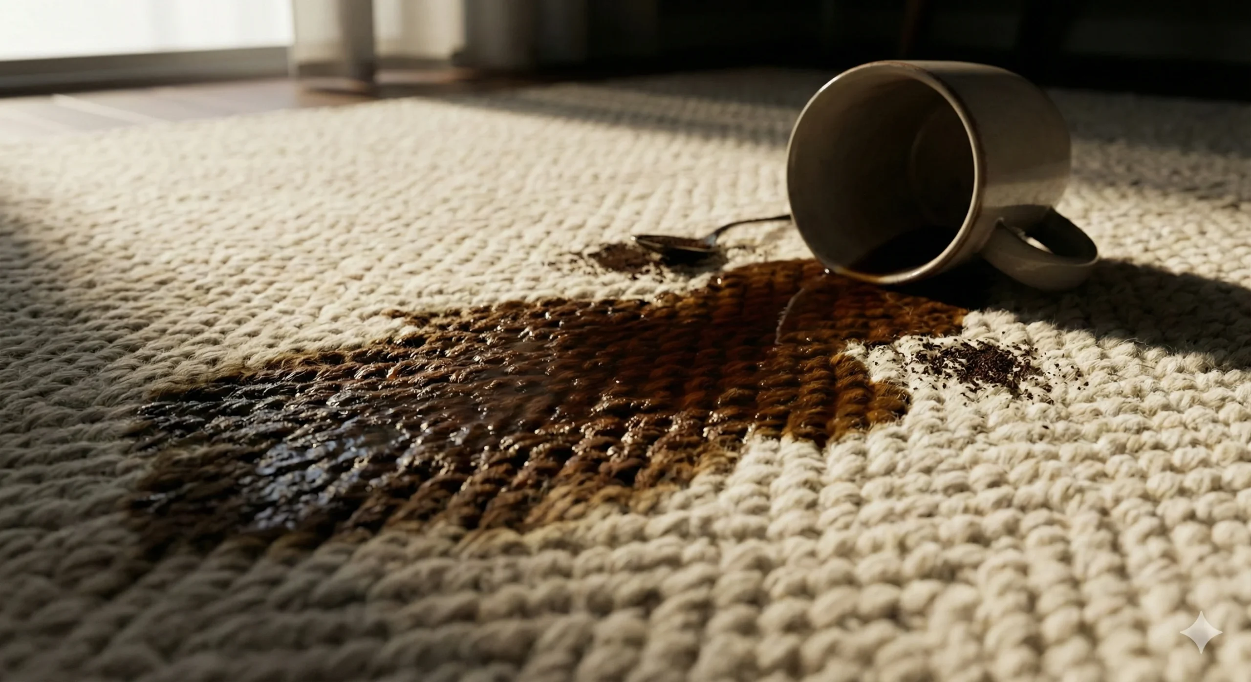 Gros plan dramatique sur une tasse renversée créant une large tache de café sombre qui s'incruste dans les fibres d'un tapis clair texturé, illustrant un accident domestique difficile à ravoir.