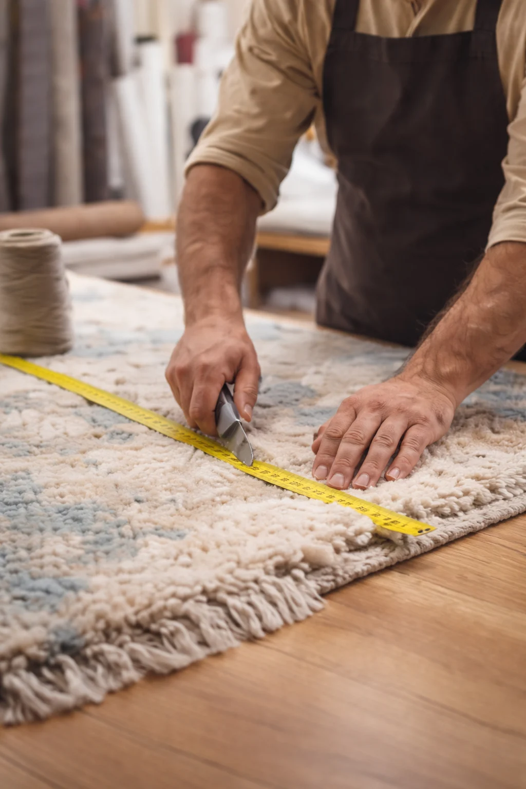 Artisan tapissier prenant les mesures d'un tapis pour restauration ou création sur mesure