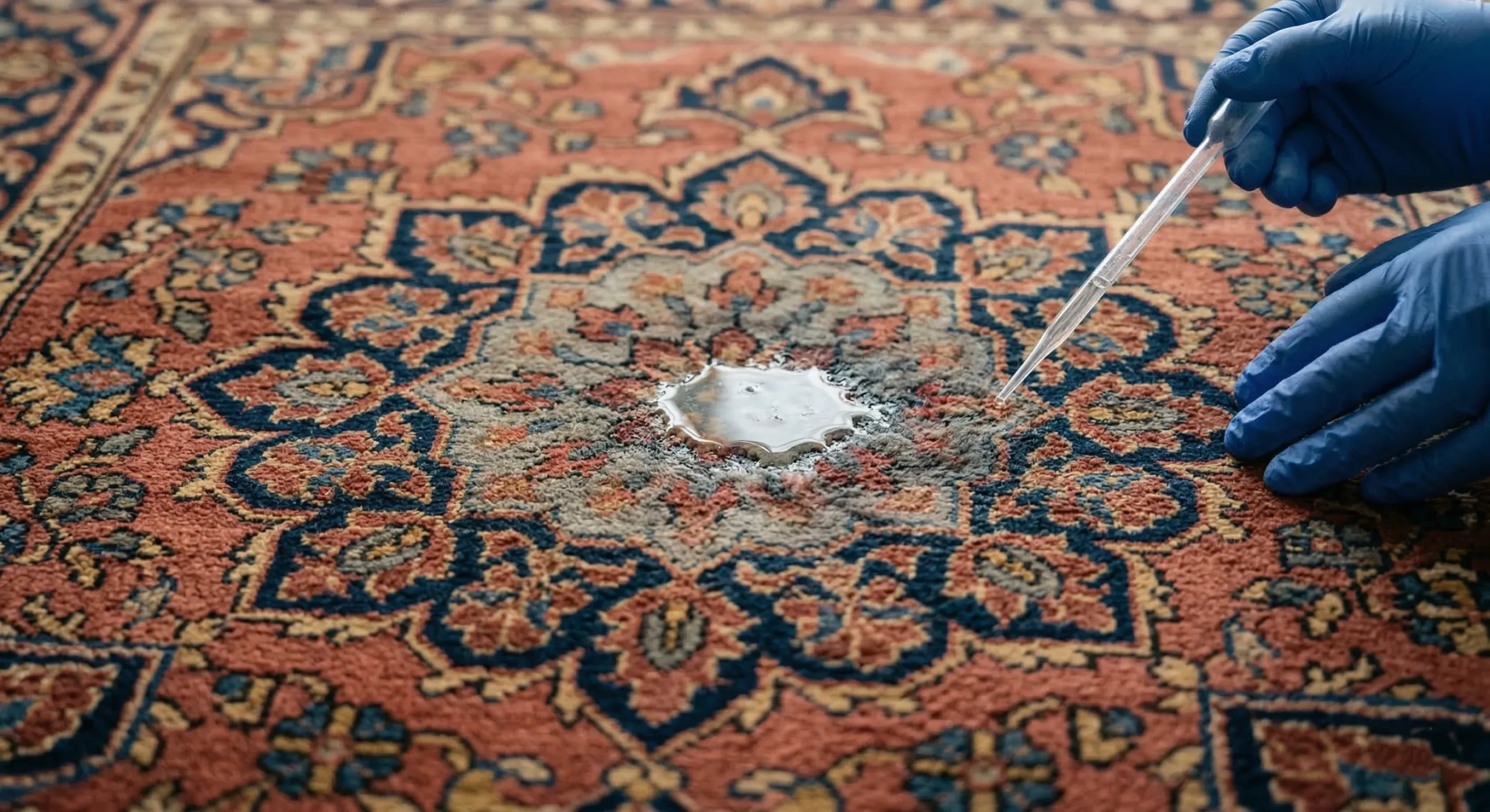 Gros plan d'un tapis persan ancien endommagé par un déversement de produit chimique. Les teintures naturelles du médaillon central ont dégorgé et bavé. Les mains gantées d'un expert utilisent une pipette pour analyser l'étendue des dégâts sur les fibres.