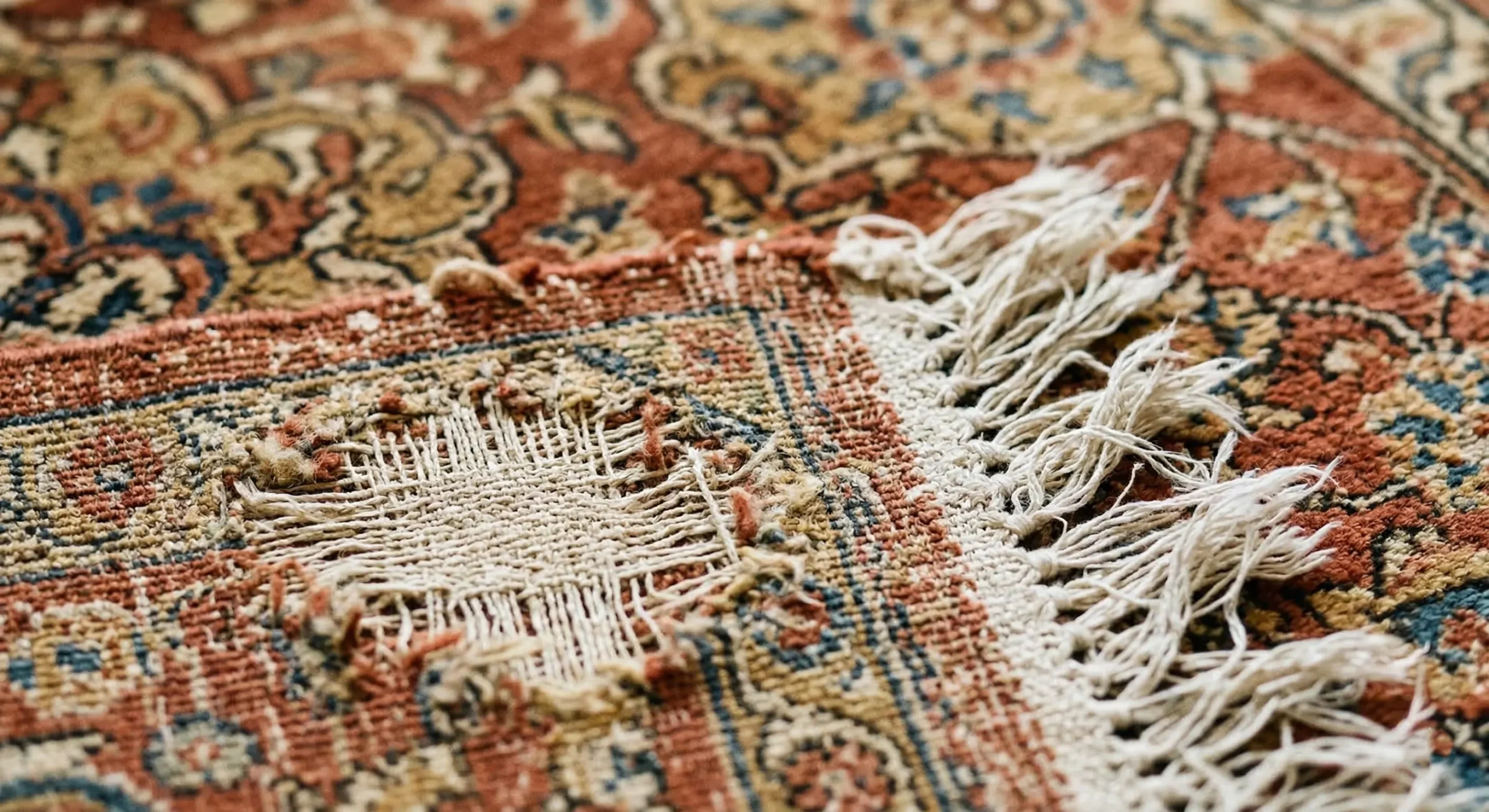 Gros plan détaillé d'un coin plié d'un tapis persan rouge orné, montrant une trame usée et effilochée avec des franges tissées.