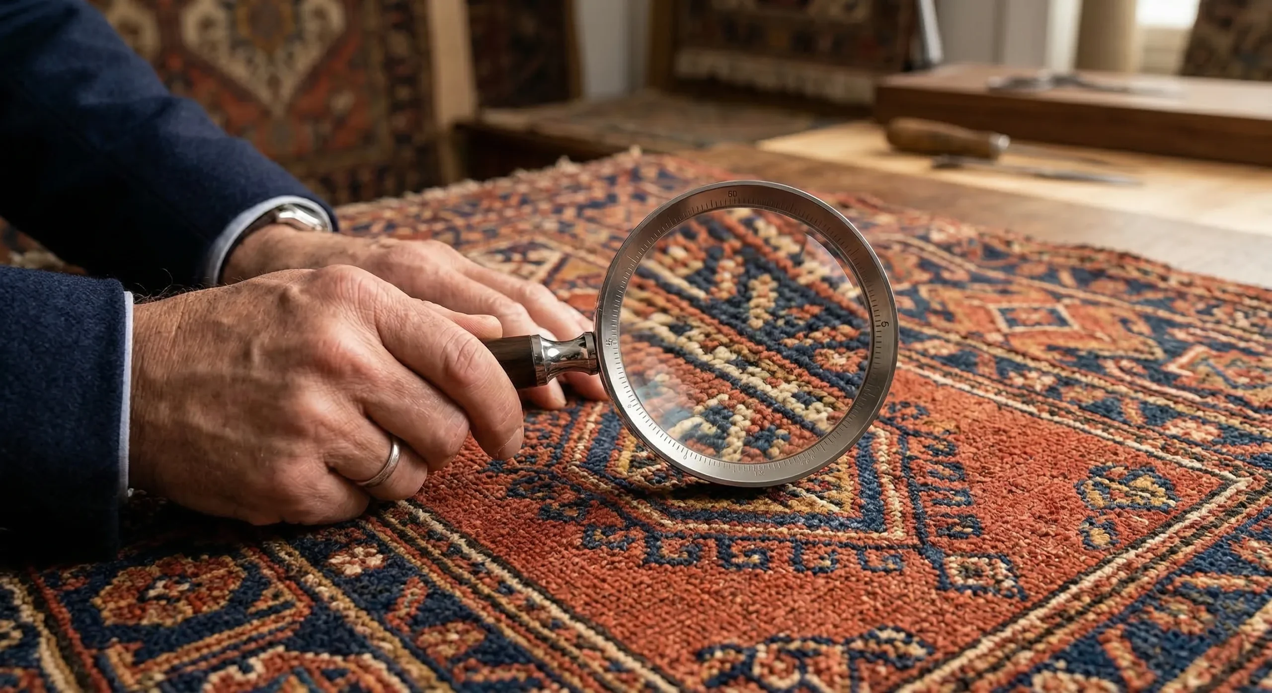 Main d'un expert utilisant une loupe professionnelle pour examiner de près la densité des nœuds et les motifs géométriques d'un tapis d'Orient ancien.