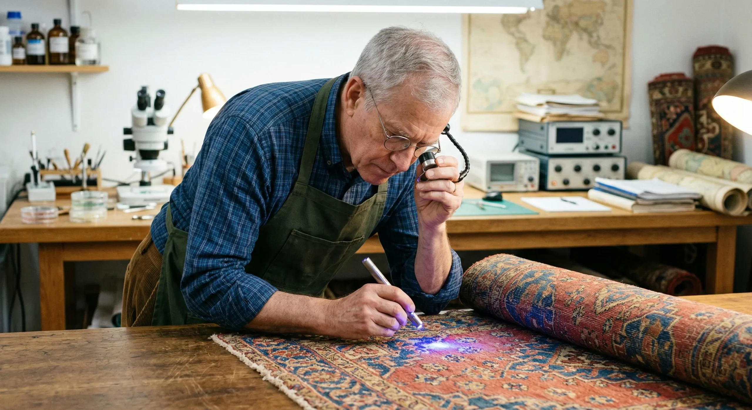 Un homme âgé, expert en textile, examine attentivement un tapis persan ancien. Il utilise une loupe sur un bras flexible et une lampe UV stylo sur une section du tapis, dans un atelier de restauration encombré avec des microscopes et des rouleaux de textiles en arrière-plan