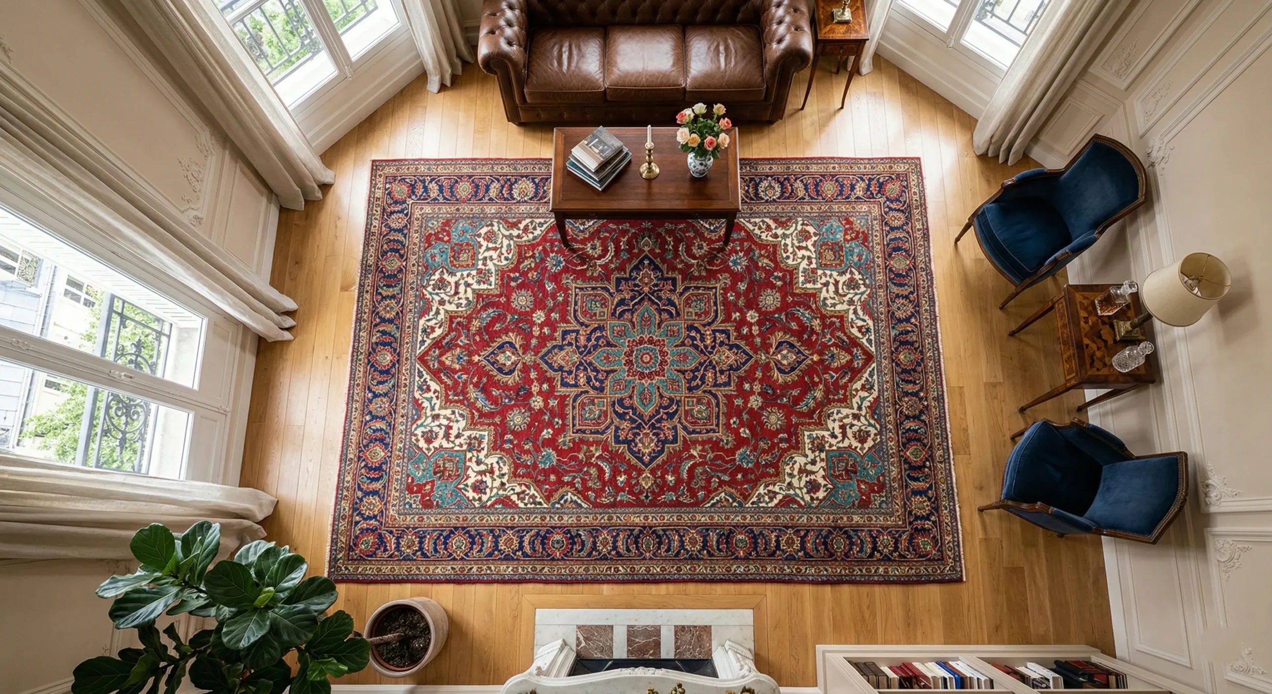 Vue aérienne d'un salon élégant avec un grand tapis persan rouge et bleu complexe posé sur un parquet poli. Il est entouré de meubles classiques : un canapé en cuir marron, des fauteuils en velours bleu, une cheminée ornée et de grandes fenêtres.