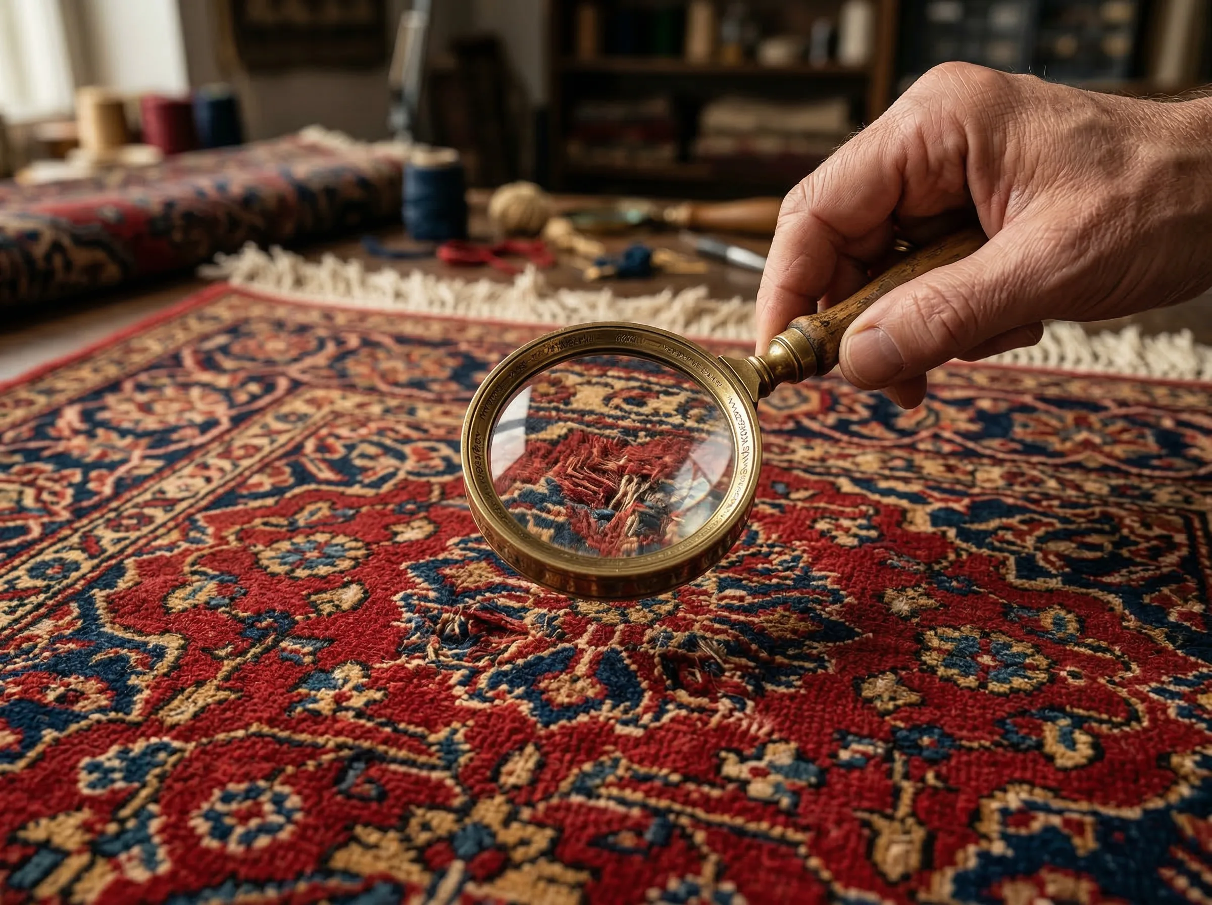 Plan rapproché d'une main d'homme tenant une loupe ornée au-dessus d'un tapis persan traditionnel, inspectant les motifs complexes et le tissage détaillé. L'arrière-plan flou montre un atelier de restauration de tapis avec des rouleaux de textiles et des fils
