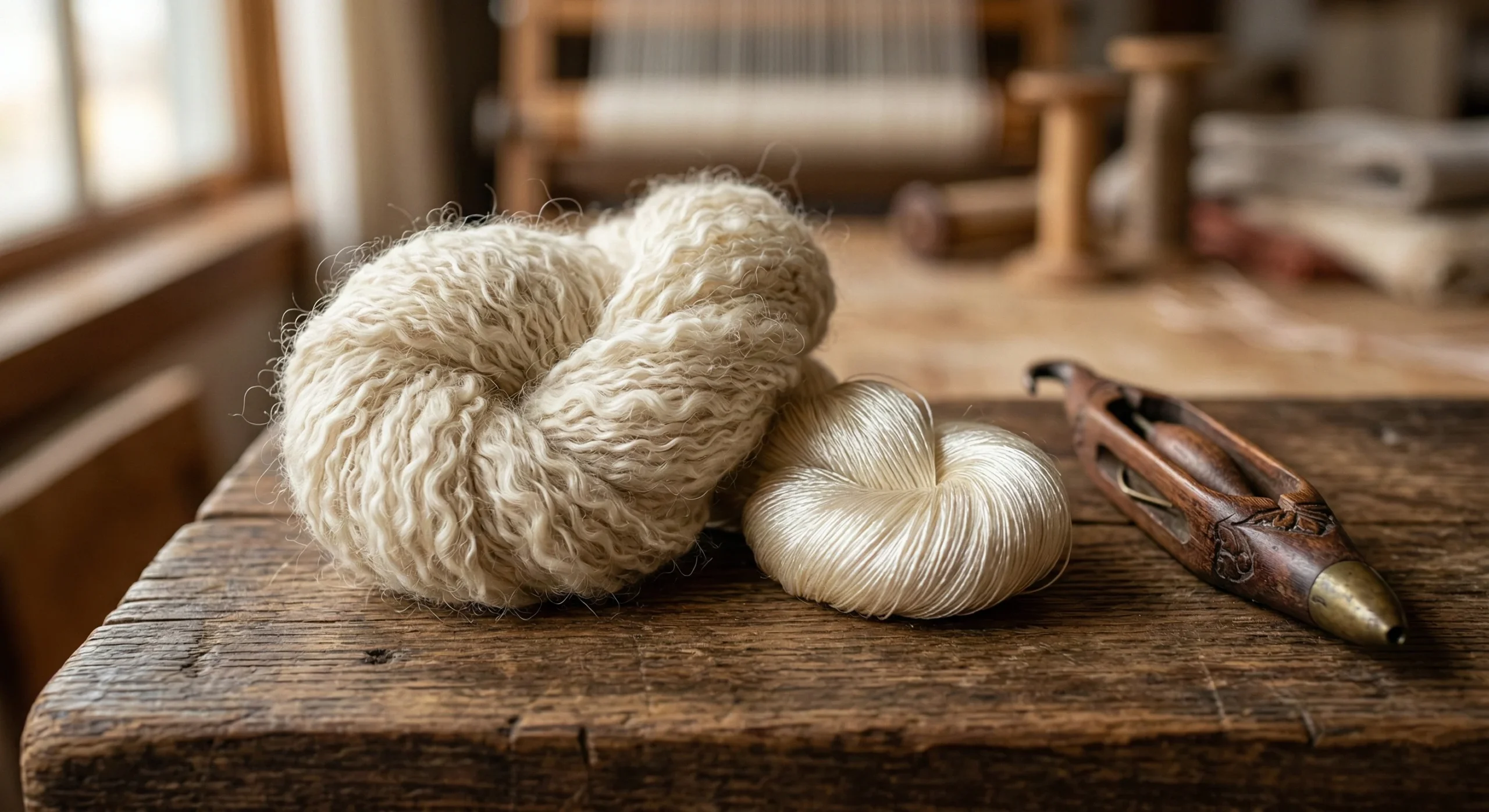 Une macrophotographie détaillée montrant le contraste tactile entre un nœud duveteux de cashmere brut et un fuseau lisse et perlé de fil de soie pure sur une surface de bois rustique. Un outil de tissage antique en bois sculpté à la main repose à côté d'eux, et un métier à tisser traditionnel flou est visible dans l'arrière-plan éclairé par une lumière chaude.