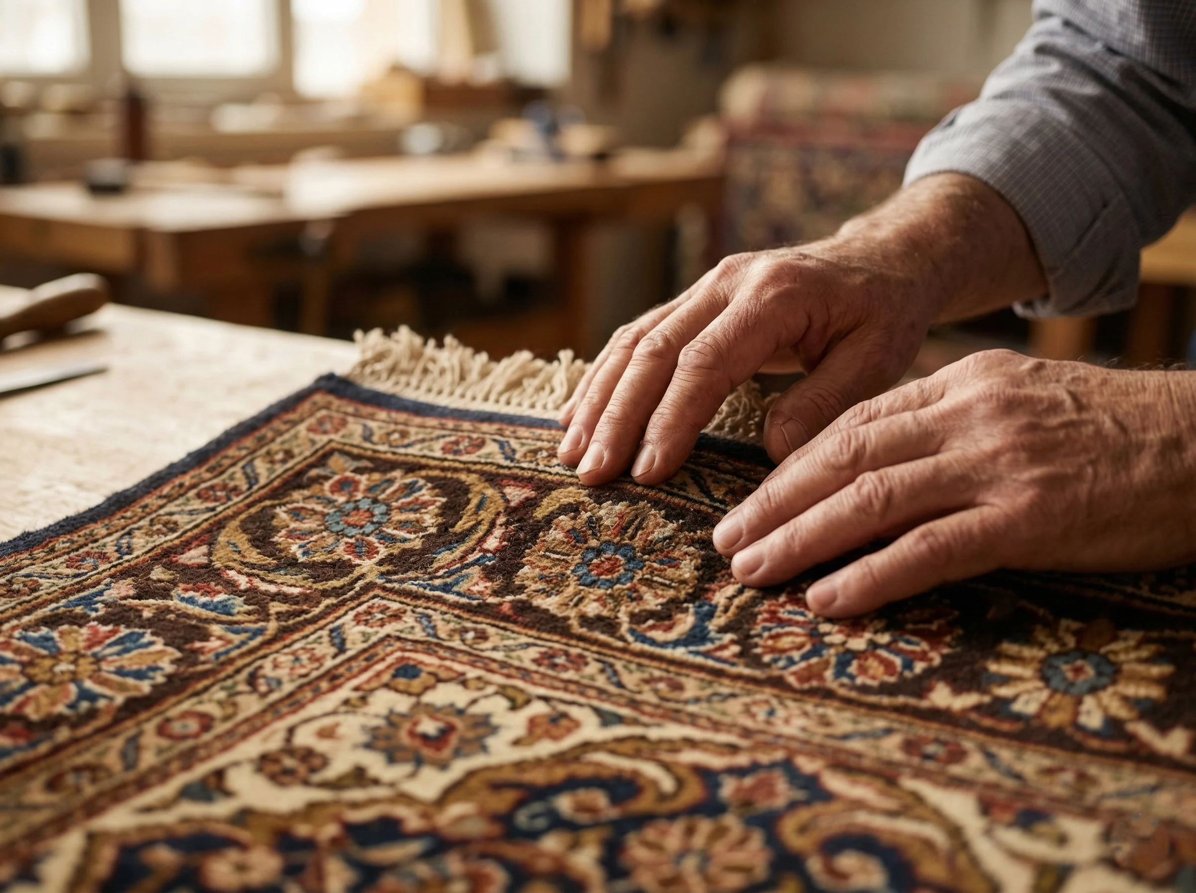 Gros plan photoréaliste des mains d'un artisan ou d'un collectionneur examinant avec soin les motifs complexes et les franges d'un luxueux tapis persan ancien tissé à la main. Les textures riches de la laine et de la soie sont visibles sous un éclairage naturel doux dans un atelier.