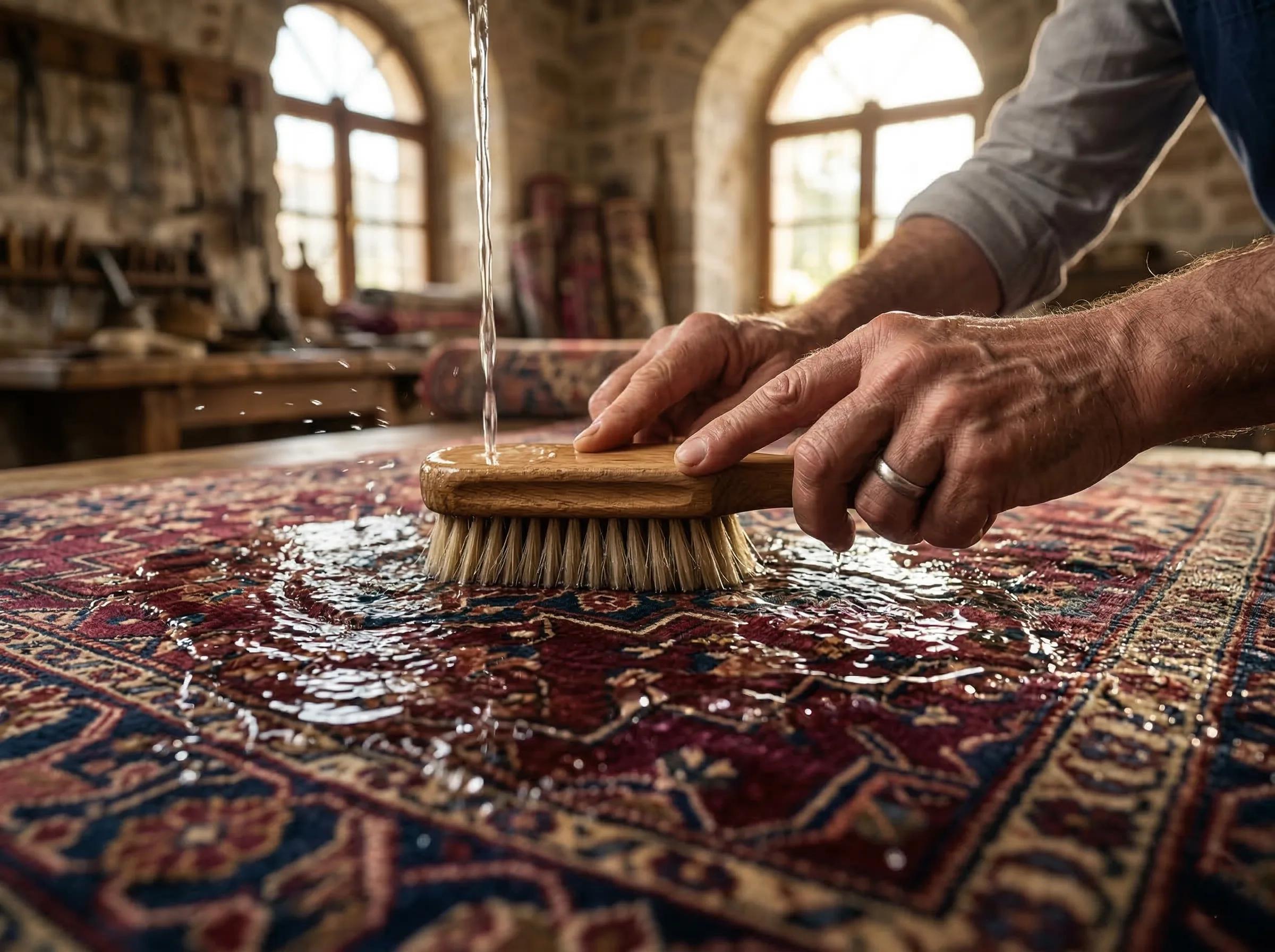 Plan rapproché des mains d'un artisan expert brossant et lavant un tapis traditionnel fait main avec de l'eau versée sur des motifs complexes, dans un atelier détaillé.