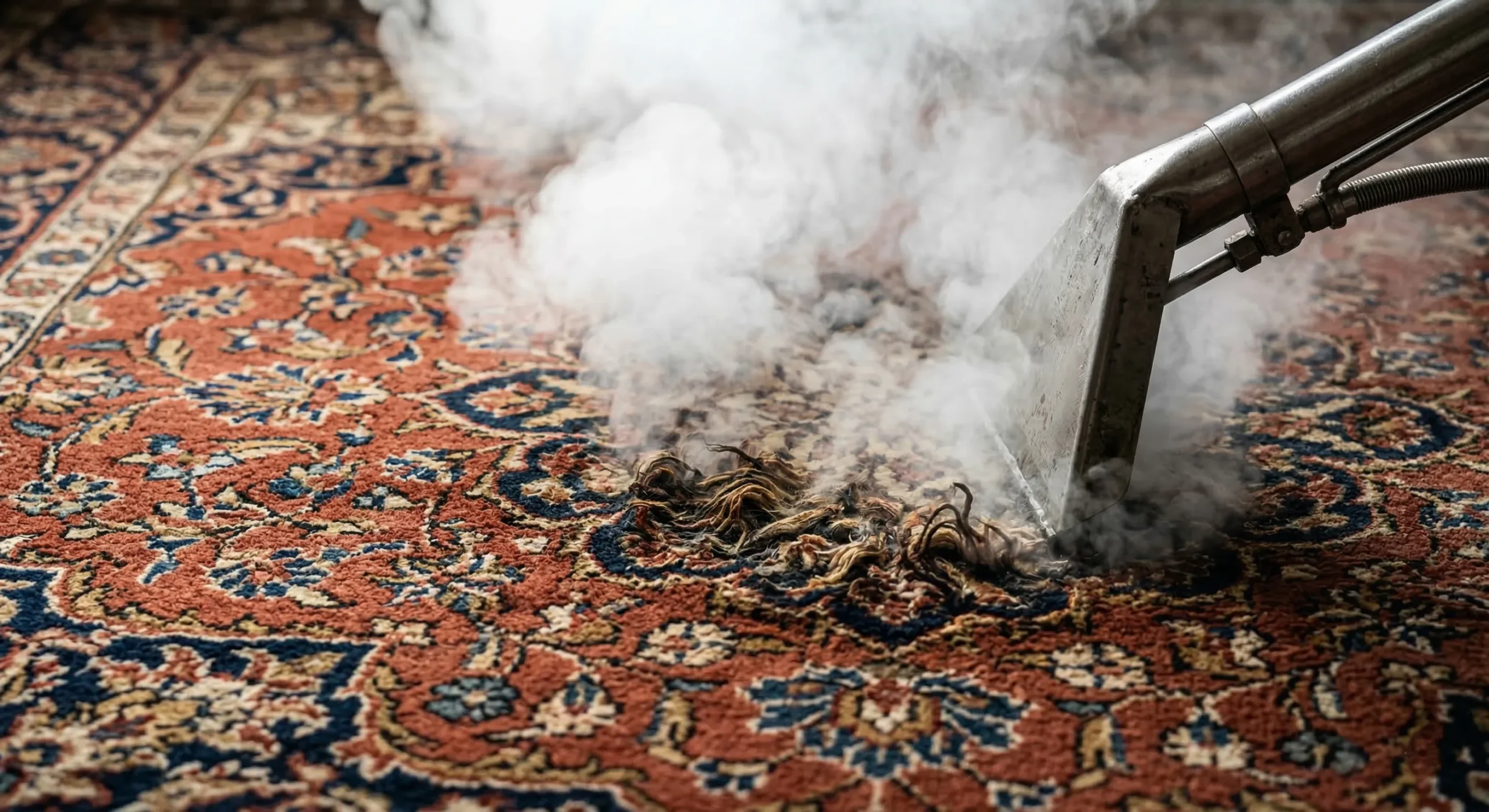Plan rapproché d'une brosse métallique de nettoyage vapeur professionnelle nettoyant un tapis d'Orient orné aux motifs persans. De la vapeur s'échappe de l'outil pendant l'application sur les fibres texturées