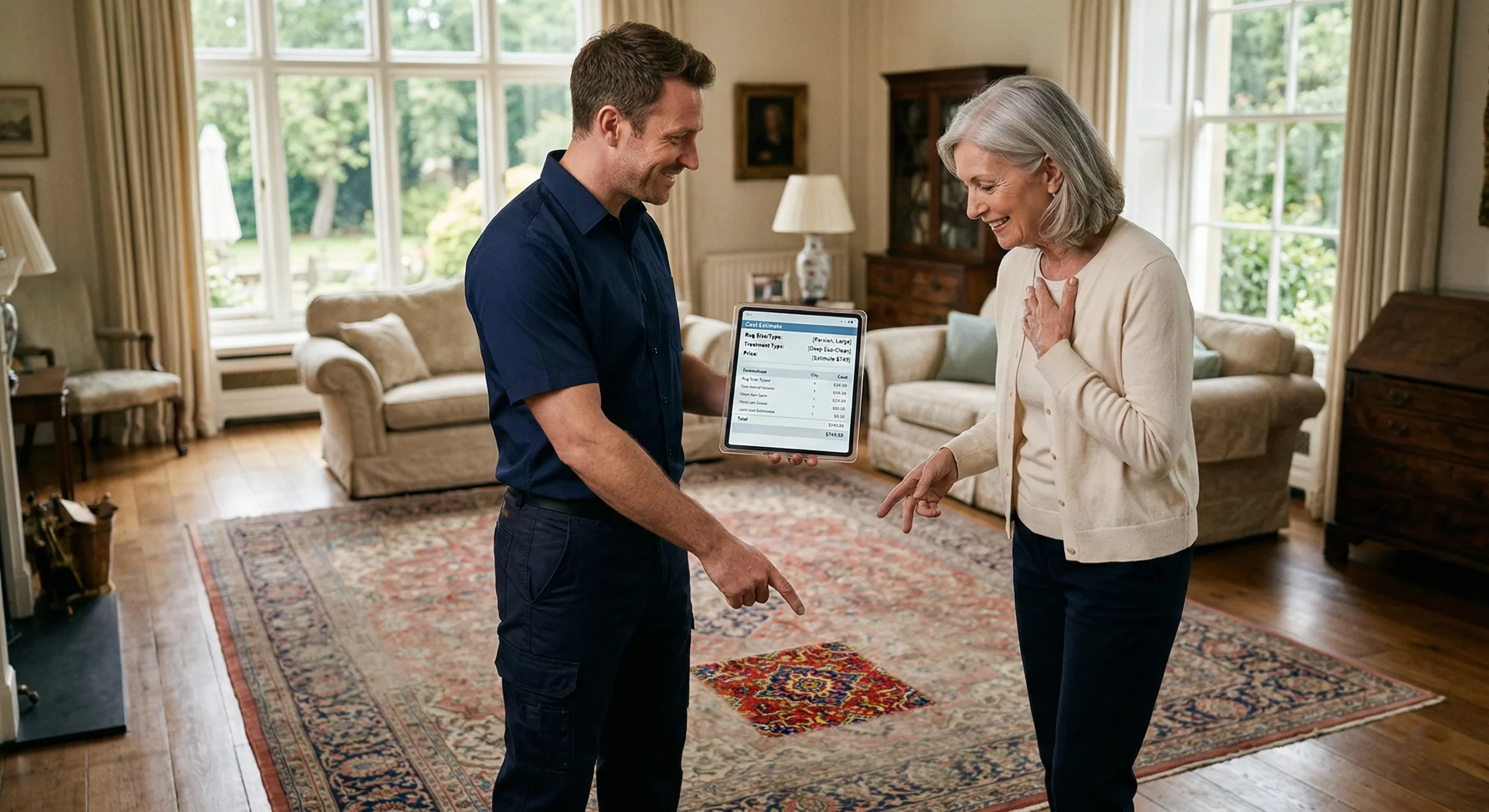 Un professionnel du nettoyage de tapis, en uniforme bleu, sourit et pointe du doigt une section du tapis persan dans un salon luxueux. Cette section a été nettoyée pour montrer un motif net, vibrant et frais, tandis que le reste du tapis semble terne. Dans son autre main, il tient une tablette numérique affichant un devis détaillé. Une cliente âgée se tient à côté de lui, regardant le tapis avec admiration et soulagement, confirmant l'engagement. La scène se déroule dans une maison de campagne raffinée avec de grandes fenêtres.