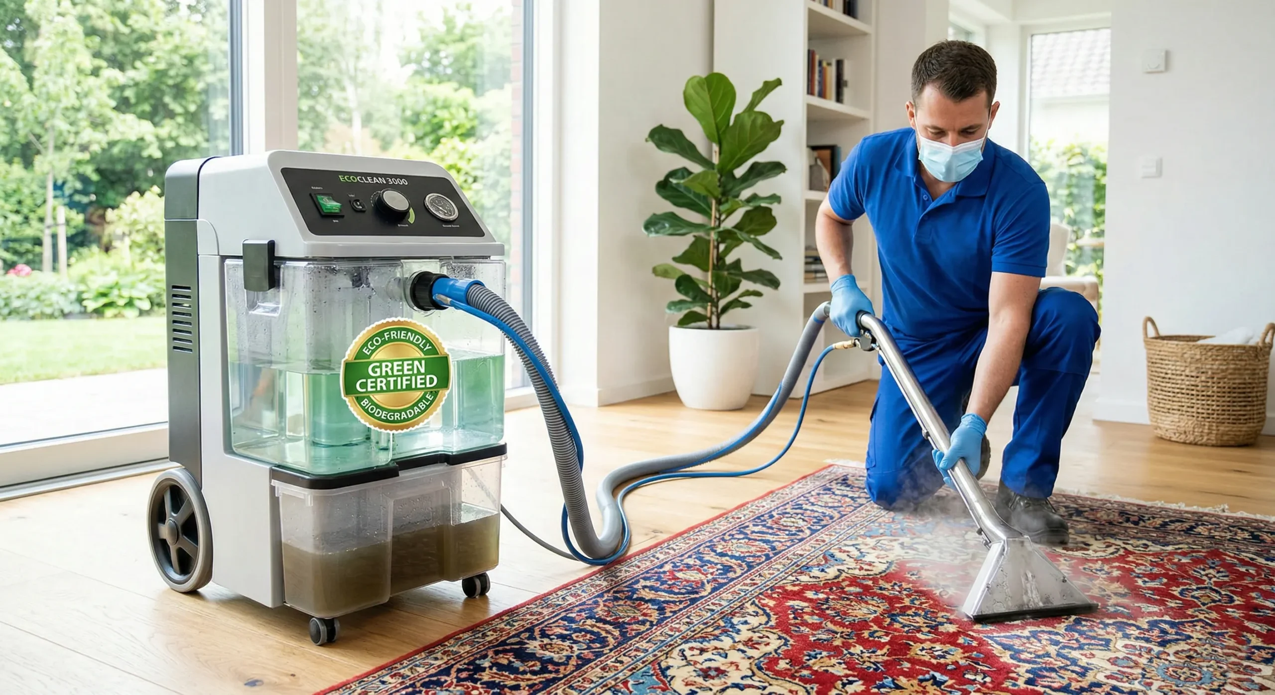 Un technicien de nettoyage, portant un masque facial bleu et des gants bleus, agenouillé sur un tapis persan traditionnel orné. Il utilise une machine d'extraction-vapeur moderne à deux réservoirs pour nettoyer le tapis. Le réservoir supérieur de la machine contient de l'eau propre et verte, tandis que le réservoir inférieur collecte de l'eau usée sale et trouble, illustrant le processus d'extraction. Un badge 'GREEN CERTIFIED' est visible sur la machine, soulignant son caractère écologique. La scène se déroule dans un salon lumineux avec de grandes fenêtres donnant sur un jardin verdoyant.