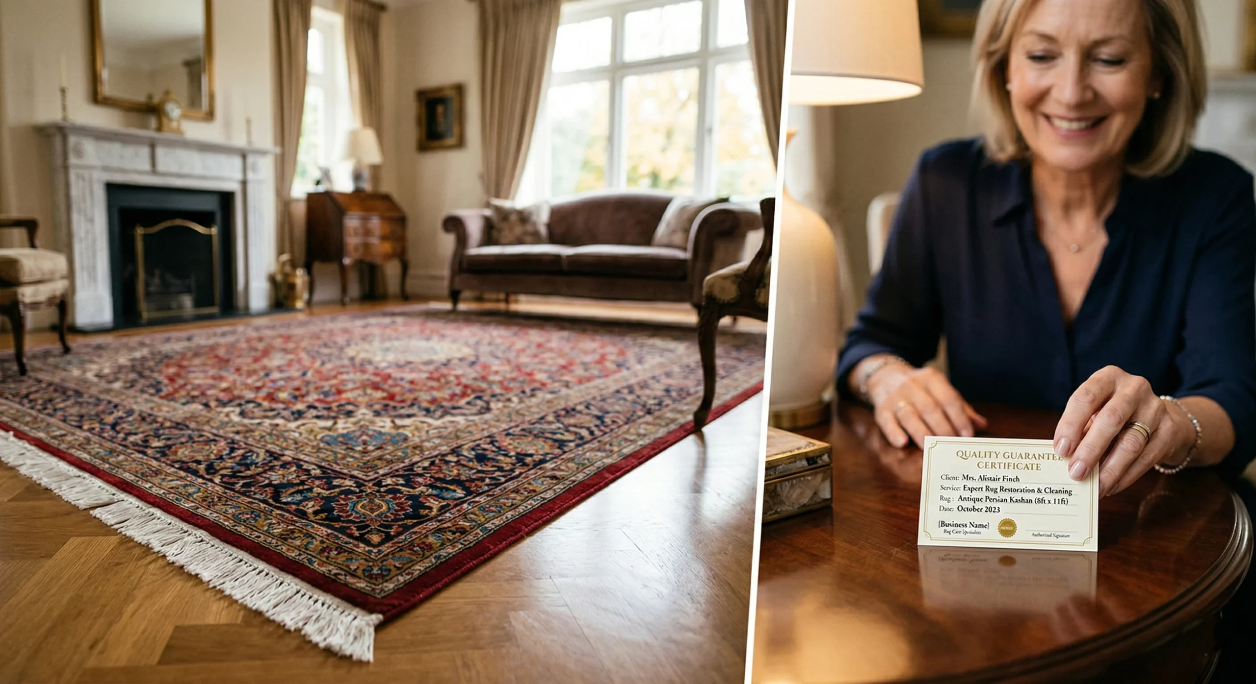 Image composite divisée verticalement. Sur la gauche, un salon de luxe classique avec un grand tapis persan rouge et bleu orné sur un parquet en bois, une cheminée en marbre ornée et un canapé. Sur la droite, un gros plan d'une femme souriante à une table en bois poli, tenant un "Certificat de Garantie de Qualité" pour le tapis. Elle semble satisfaite.