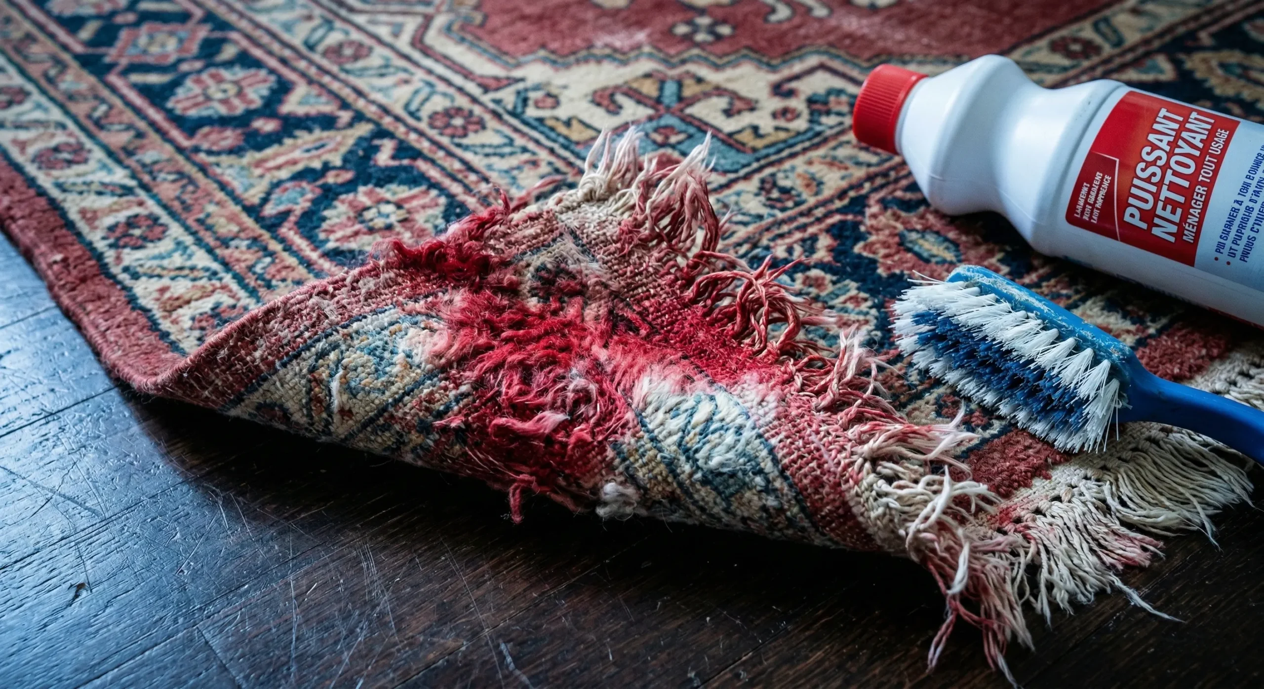 Gros plan du coin d'un tapis persan antique endommagé sur un sol en bois sombre. Le colorant rouge a coulé, tachant la frange effilochée et le bord du tapis. Une bouteille de "PUISSANT NETTOYANT" avec un bouchon rouge et une brosse à récurer à manche bleu sont posées à côté, suggérant un nettoyage raté.
