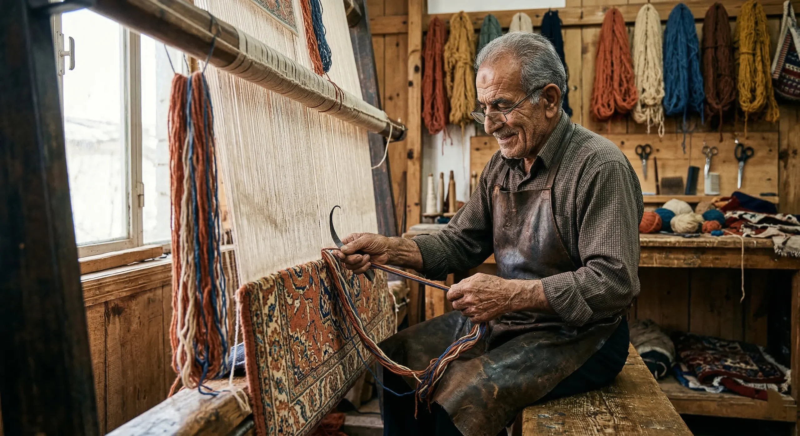 Portrait d'un véritable artisan expérimenté portant un tablier en cuir, travaillant minutieusement avec ses mains sur un métier à tisser vertical en bois. Il noue les fils d'un tapis d'Orient dans un atelier traditionnel baigné de lumière naturelle, entouré d'écheveaux de laine colorée.