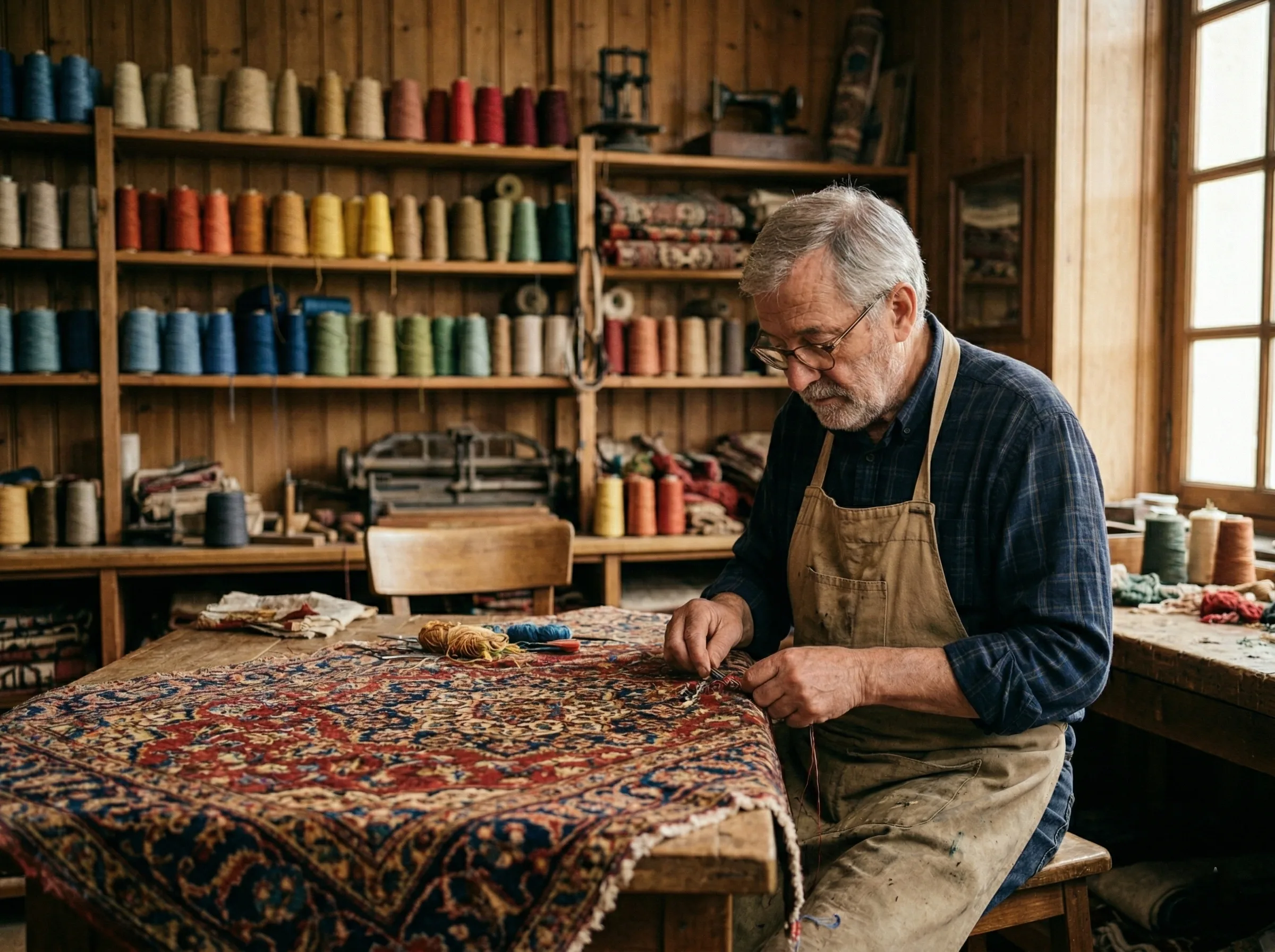 Artisan restaurateur de tapis au travail sur un tapis persan ancien dans son atelier traditionnel des Yvelines