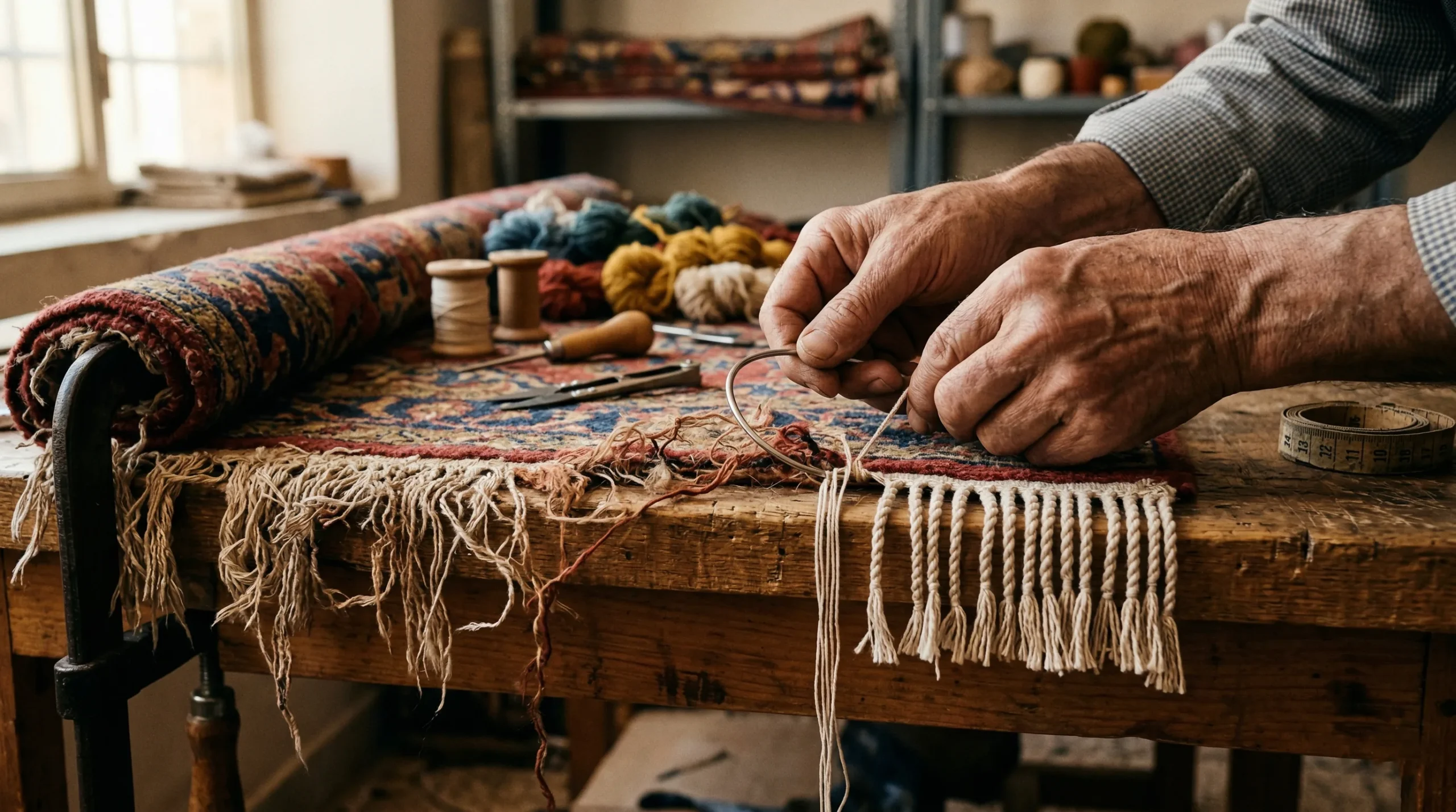 Mains d'artisan réparant à l'aiguille les franges abîmées d'un tapis oriental antique, côté endommagé et côté restauré visibles côte à côte