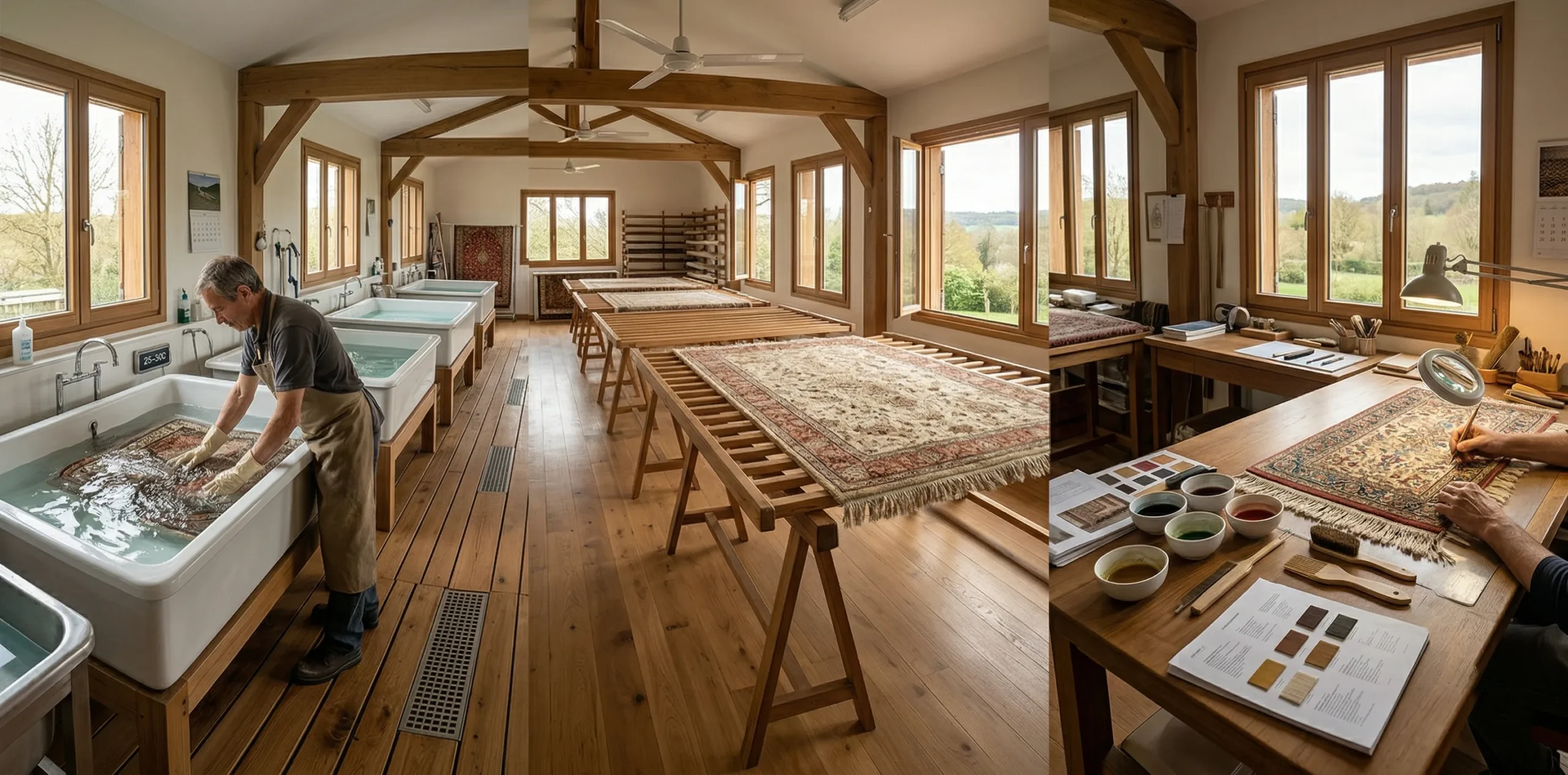 Panoramique atelier restauration tapis montrant trois zones de travail : bassins d'immersion avec eau filtrée, séchoirs aérés avec tapis en cours de séchage sur racks bois, zone finition avec mains d'artisan travaillant détails franges, fenêtres naturelle lumière, cadre Yvelines
