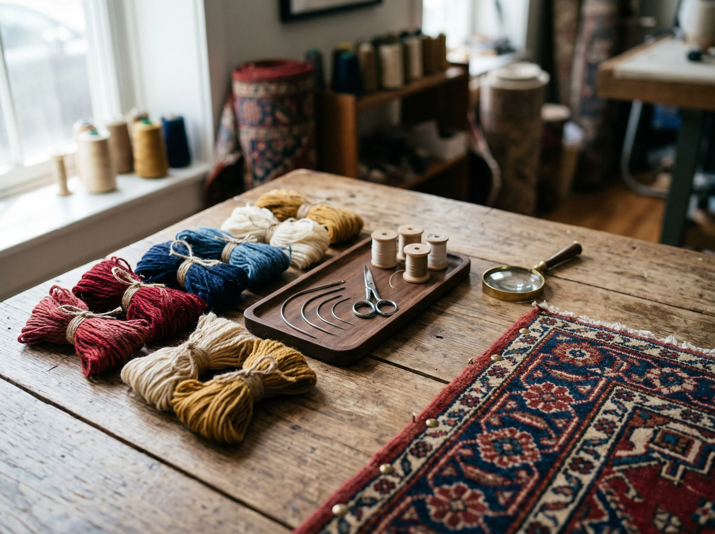 Comparaison avant-après d'une restauration de motifs sur tapis persan montrant la qualité du retissage professionnel