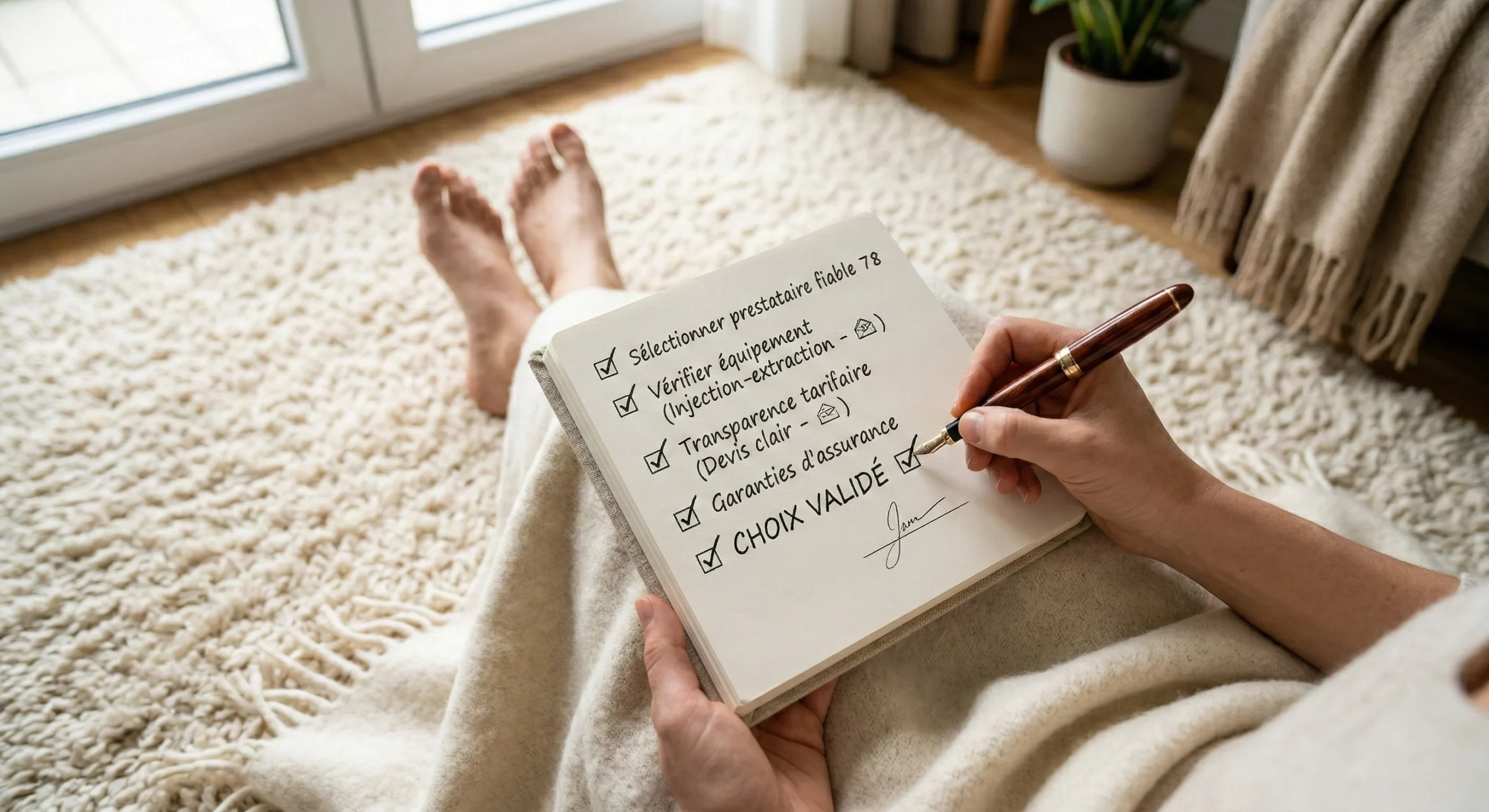 Vue de dessus d'une personne cochant une checklist de critères de sélection pour un nettoyage de tapis professionnel dans les Yvelines, assise confortablement sur un tapis blanc immaculé.