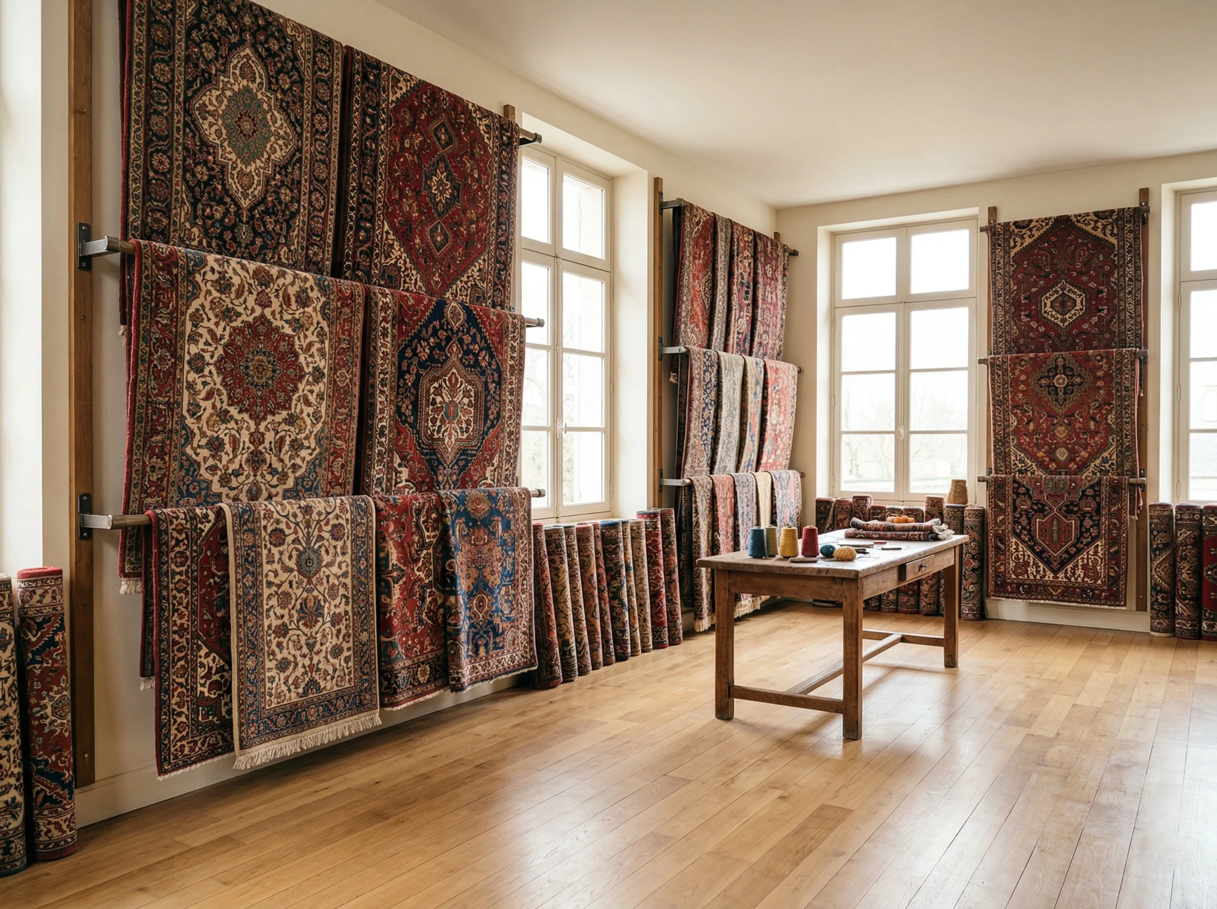 Collection de tapis persans et orientaux anciens exposés dans un atelier de restauration à Versailles