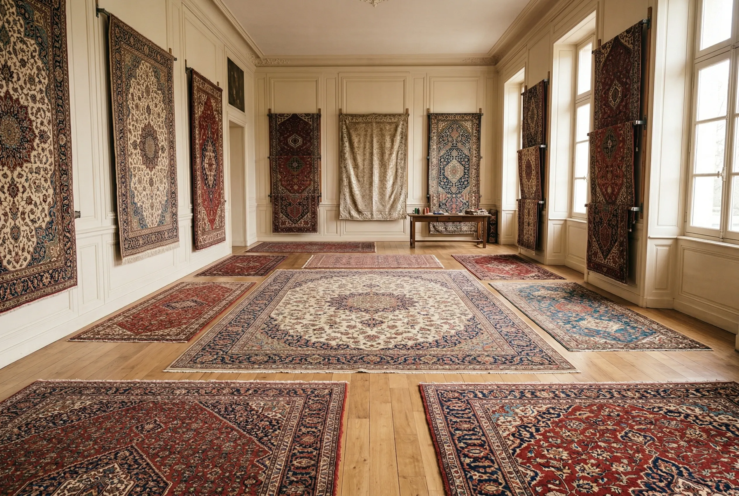 Collection diversifiée de tapis persans anciens de différentes origines (Tabriz, Isfahan, Kashan) dans un atelier de restauration