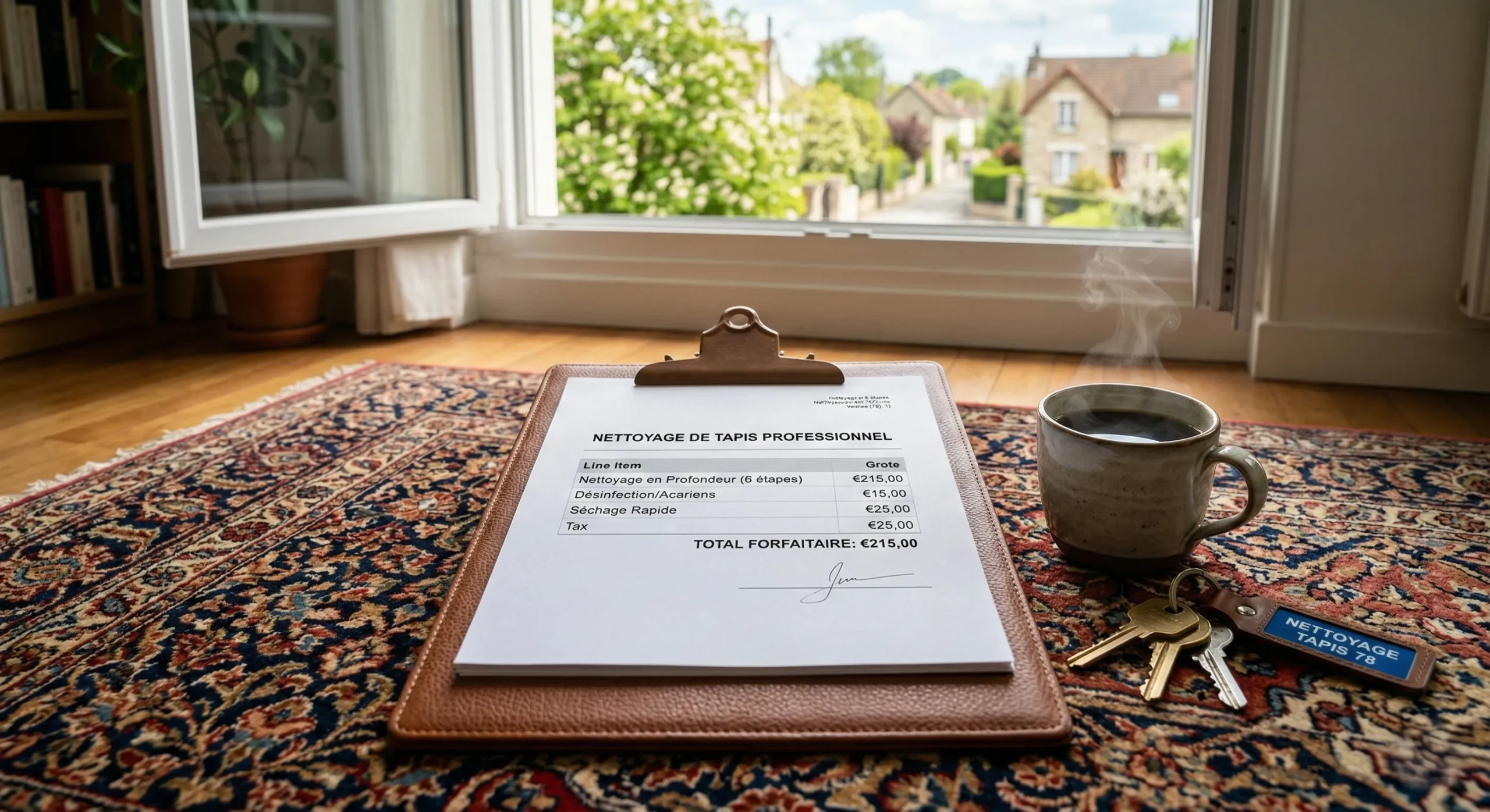 Un porte-bloc en cuir avec un devis détaillé pour un nettoyage de tapis professionnel, posé sur un tapis d'Orient propre à côté d'une tasse de café. Vue sur un quartier résidentiel des Yvelines par la fenêtre.