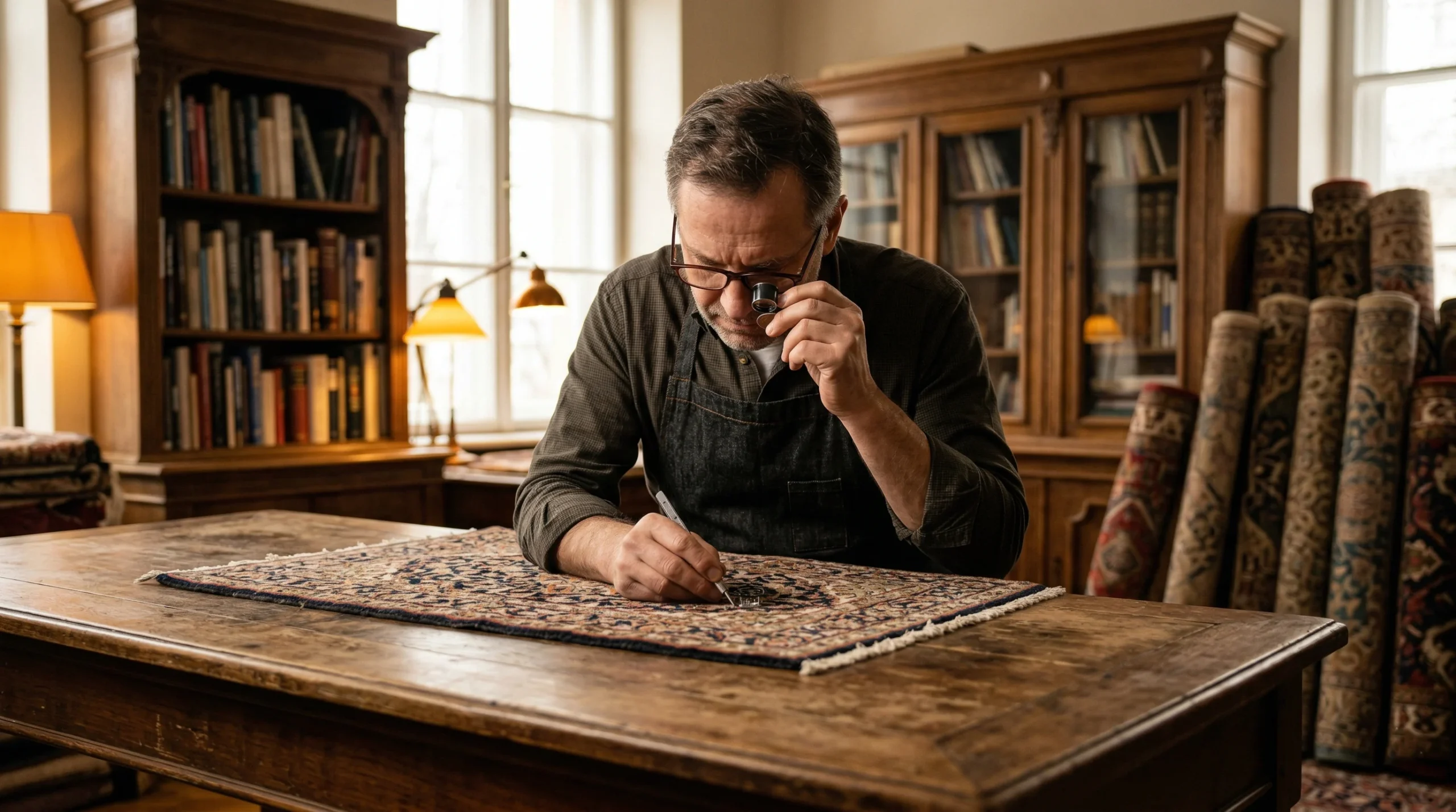 Spécialiste examinant le revers d'un tapis persan ancien avec une loupe de joaillier pour compter les nœuds au cm², atelier artisanal Yvelines