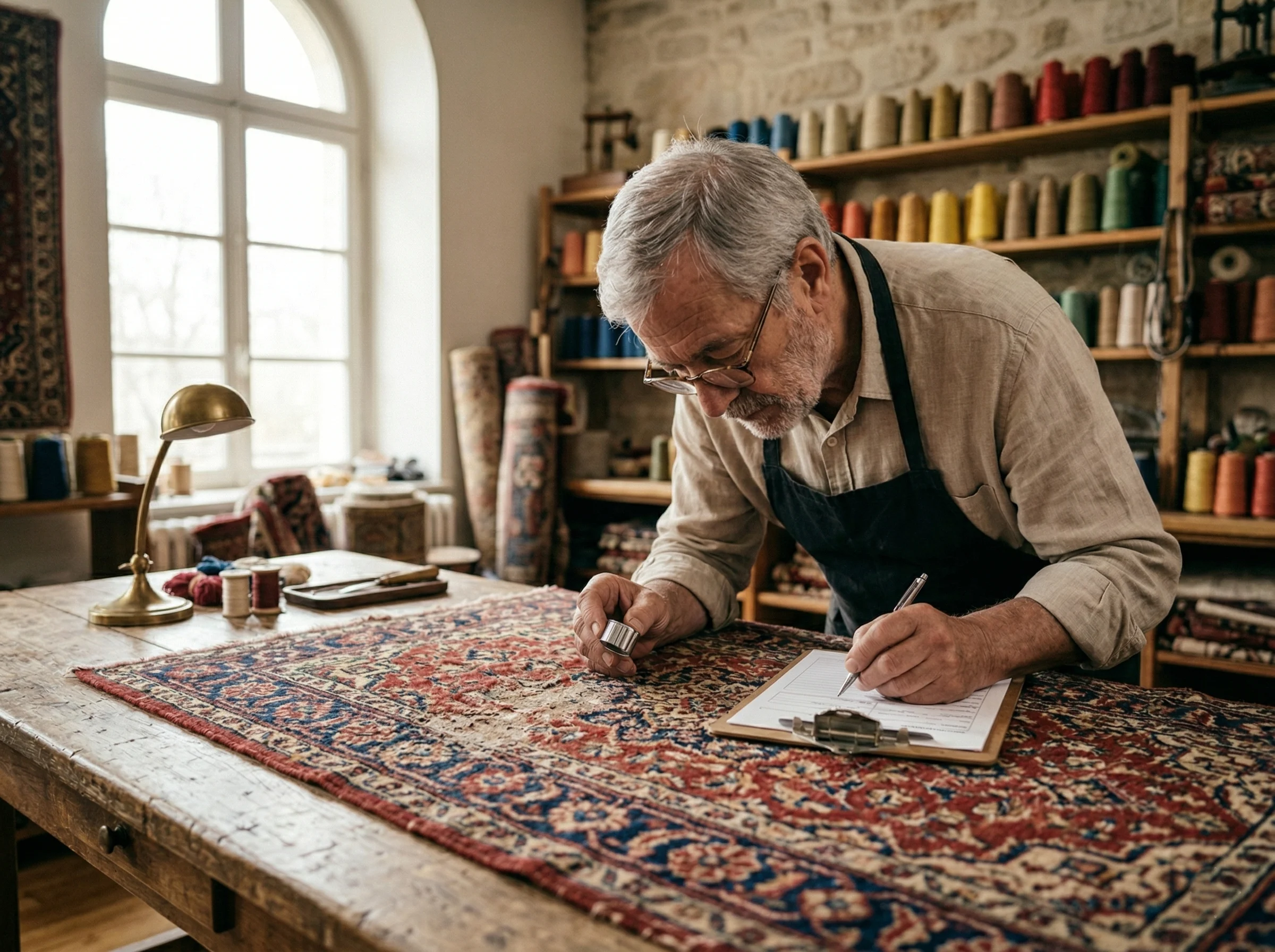 Expert artisan effectuant l'évaluation détaillée d'un tapis ancien pour établir un devis de restauration personnalisé