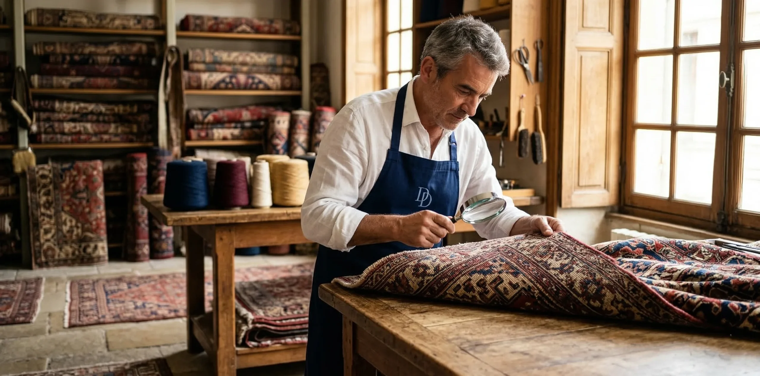Richard Dumas examinant un tapis persan à la loupe pour diagnostic des fibres dans son atelier de Bois-d'Arcy