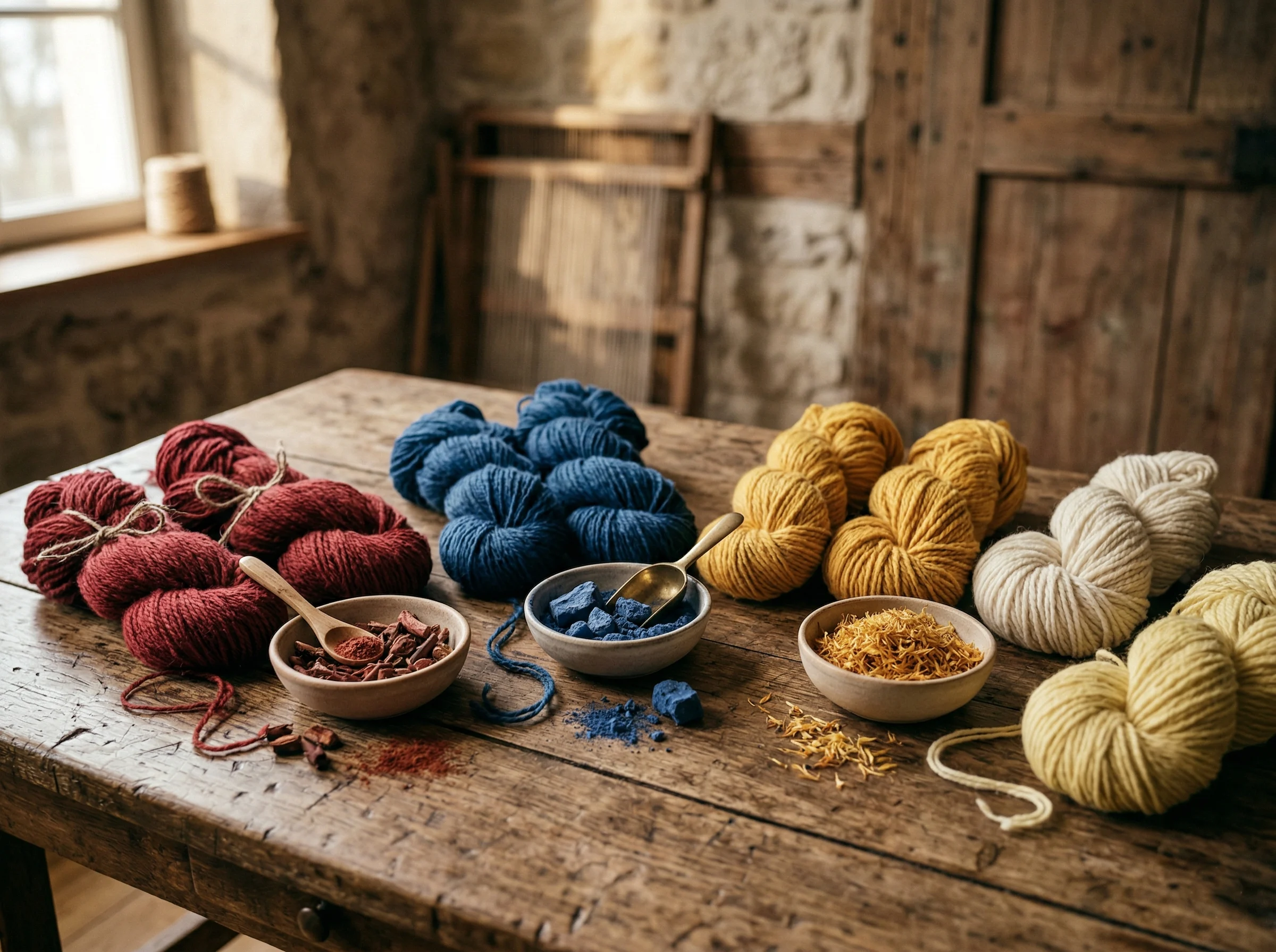 Fils de laine teints avec des colorants naturels traditionnels (garance, indigo, carthame) préparés pour restauration de tapis persan