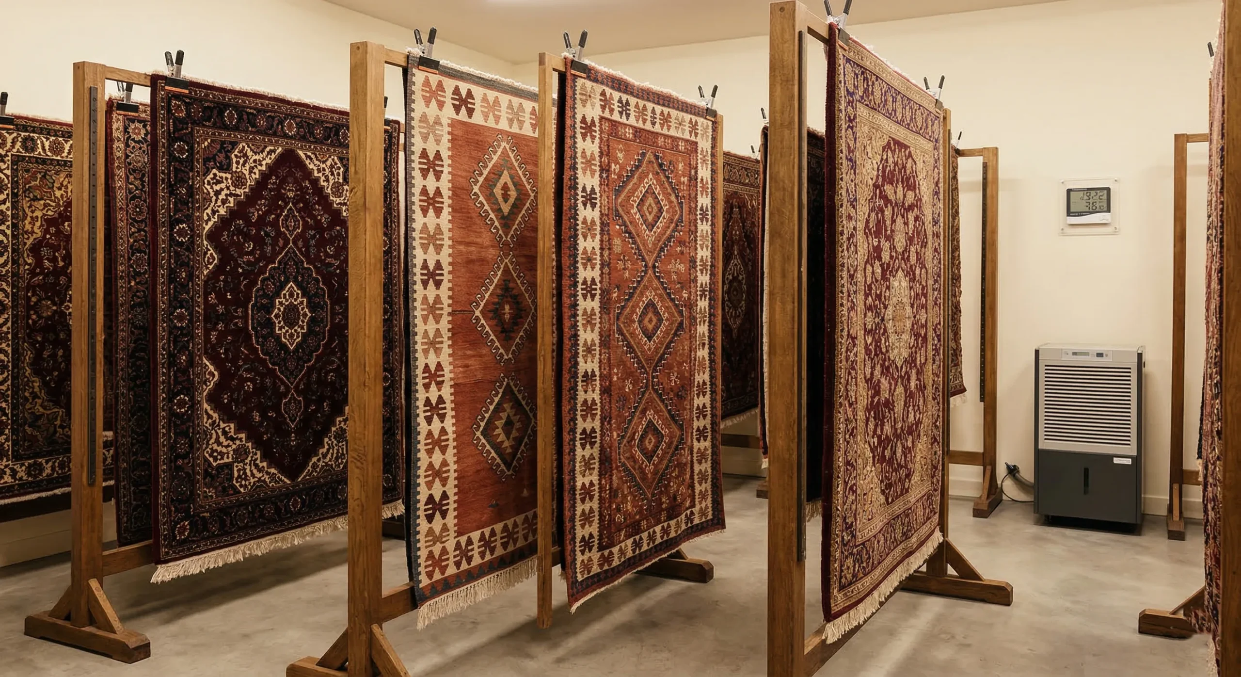 Spécialiste en lunettes loupe inspectant section tapis beige, détails fibres textile, texture retrouvée, arrière-plan atelier avec outils restauration, ambiance professionnelle chaleureuse