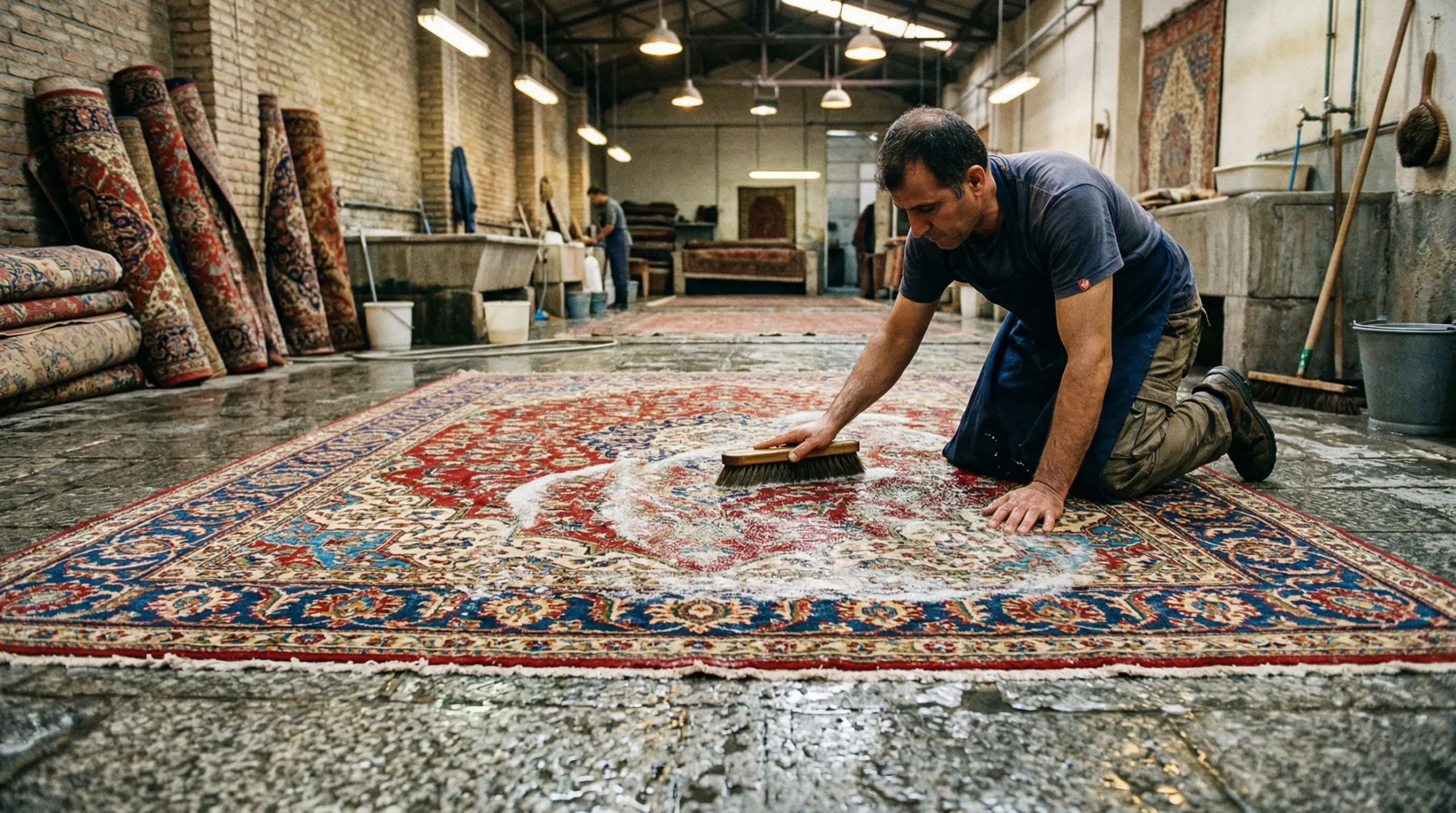 Lavage à plat d'un grand tapis persan coloré sur le sol de l'atelier, brossage dans le sens du poil à l'eau froide, couleurs naturelles garance et indigo visibles