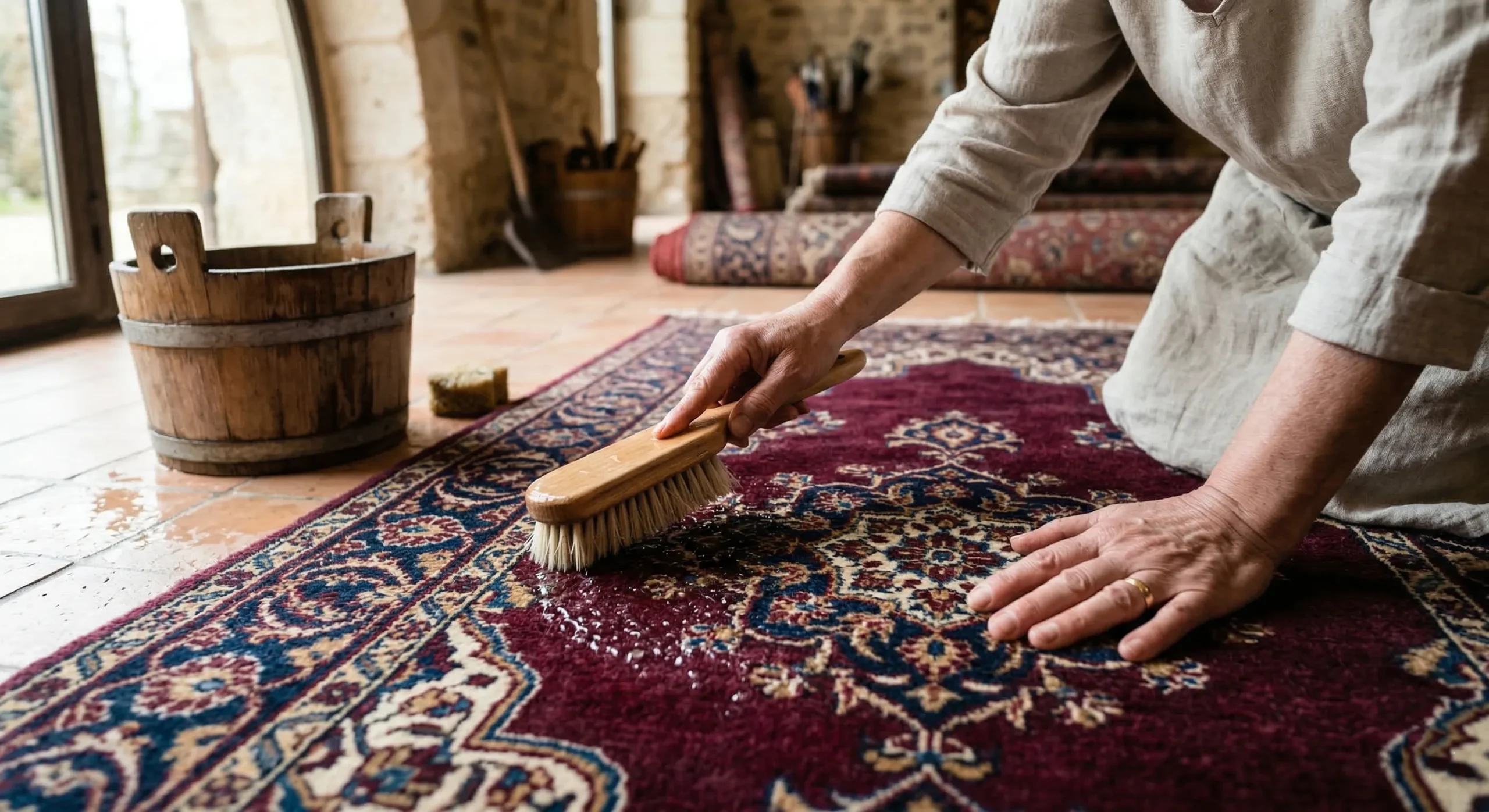 Gros plan de mains expertes frottant un tapis persan détaillé avec une brosse à manche en bois et de la mousse blanche. Un seau en bois traditionnel et des éponges reposent sur un sol en dalles de terre cuite mouillé dans un atelier rustique.