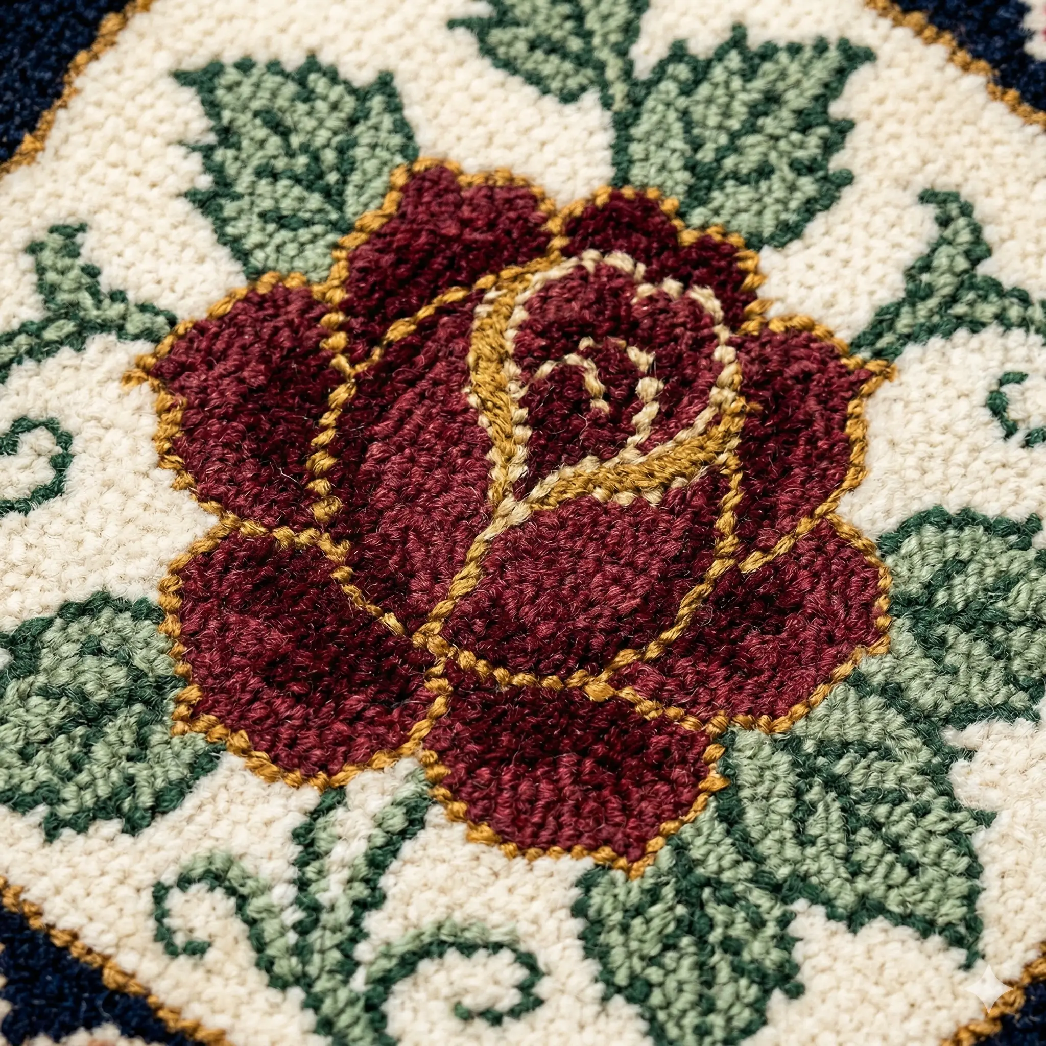 Gros plan macro montrant les nœuds en laine d'un tapis persan avec motif floral rose burgundy et feuilles vertes sur fond crème, démontrant la densité de 150-200 nœuds par pouce carré et le tissage main artisanal