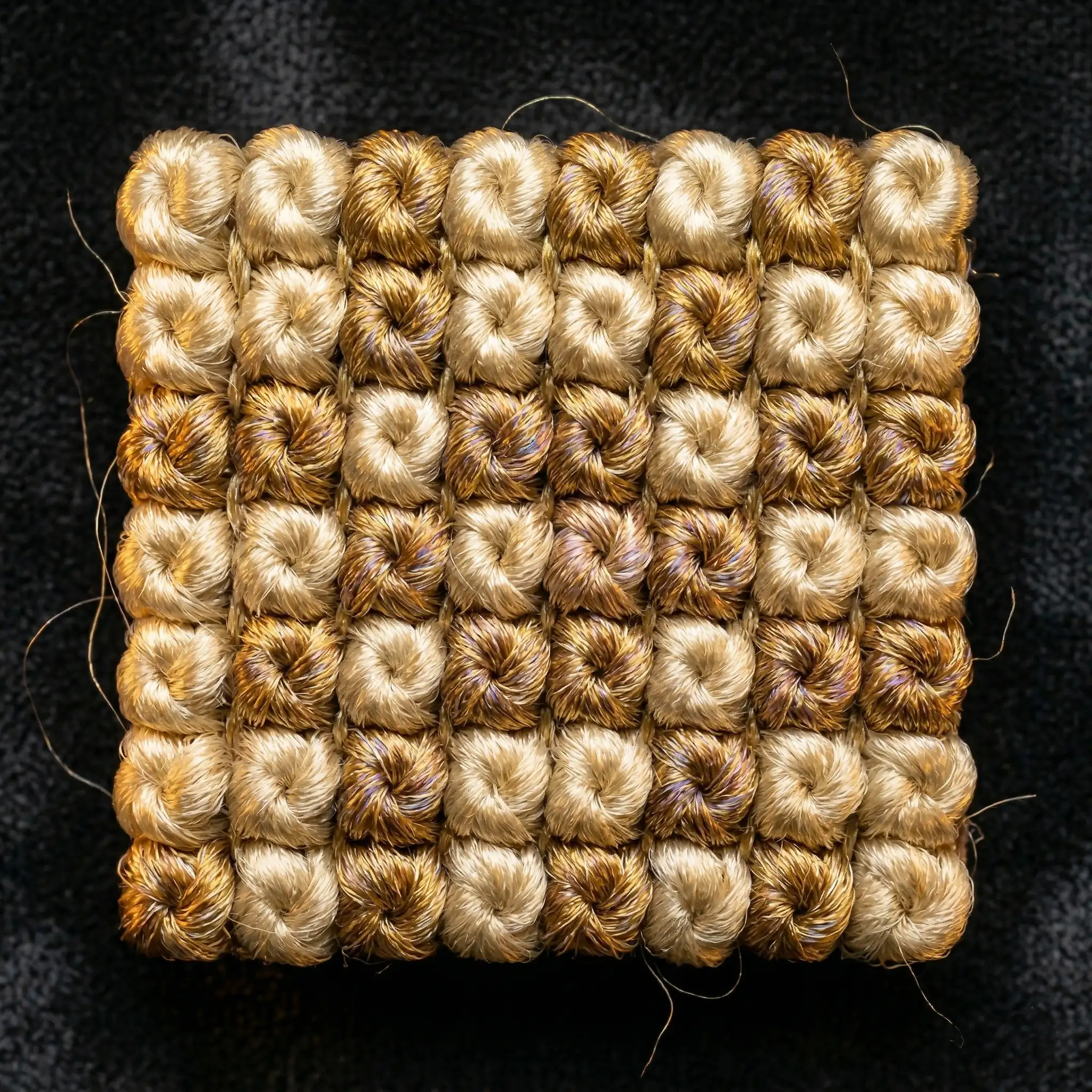 Gros plan macro sur les fibres de soie d'un tapis persan, fils ultra-fins ivoire et or avec reflets iridescents, trois fois plus fins que la laine