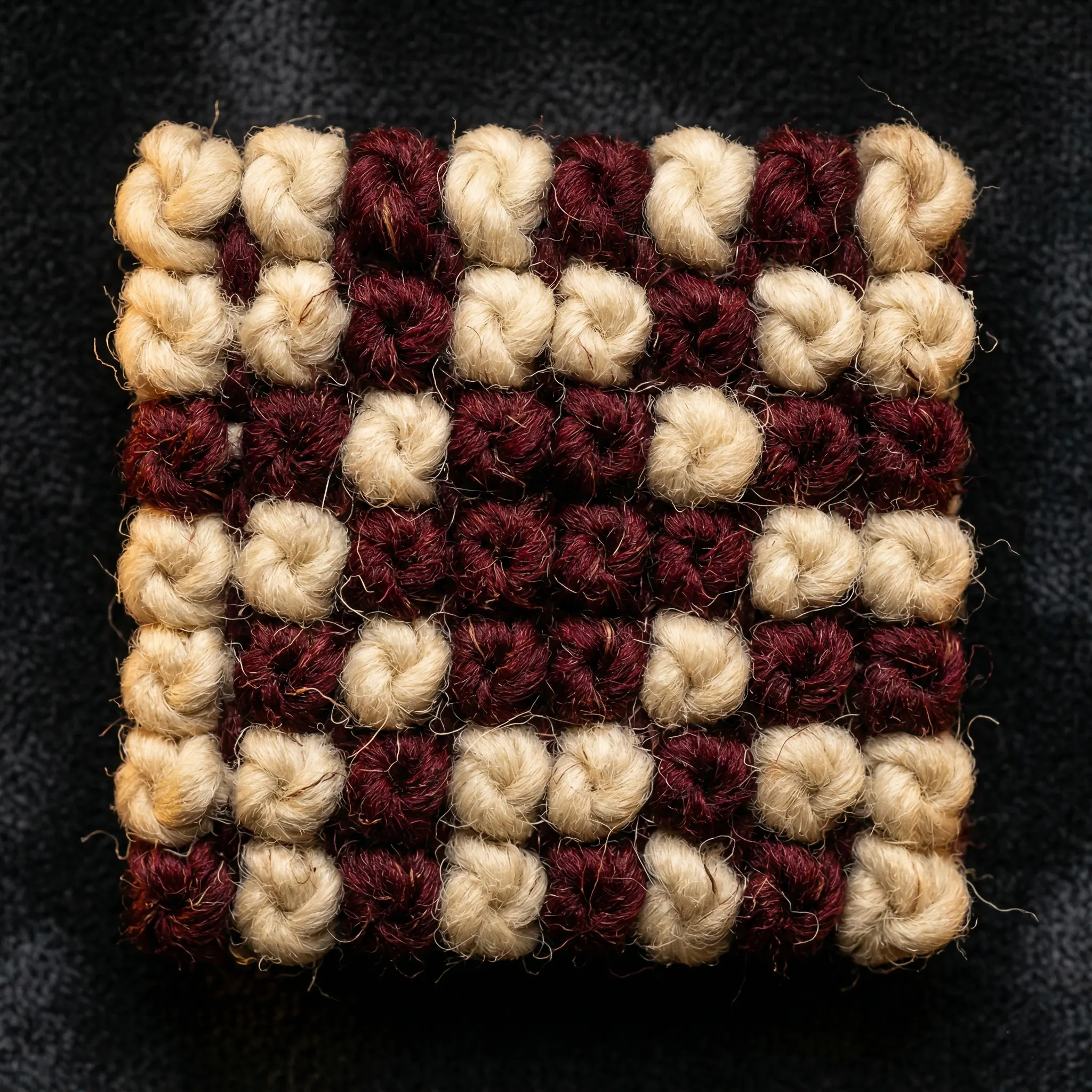 Gros plan macro sur les nœuds d'un tapis persan en laine, fibres épaisses crème et bordeaux clairement visibles