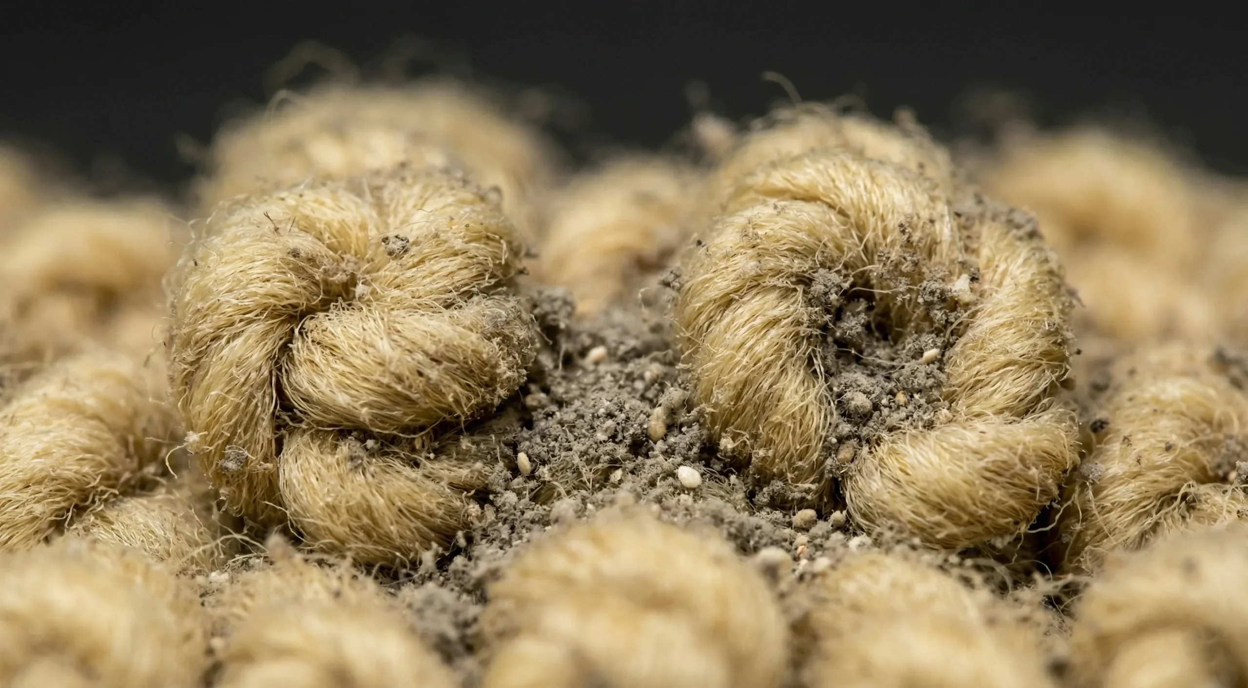 Vue macro des fibres de laine d'un tapis non nettoyé montrant l'accumulation de poussière et déjections d'acariens entre les nœuds