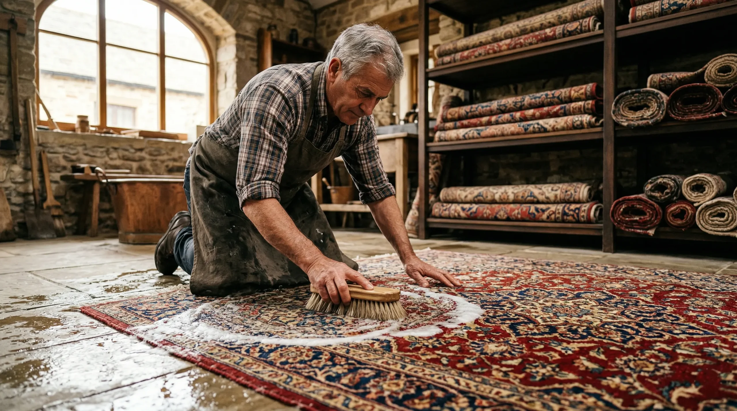 Artisan procédant au lavage à plat d'un grand tapis persan en laine avec une brosse naturelle dans son atelier spécialisé des Yvelines