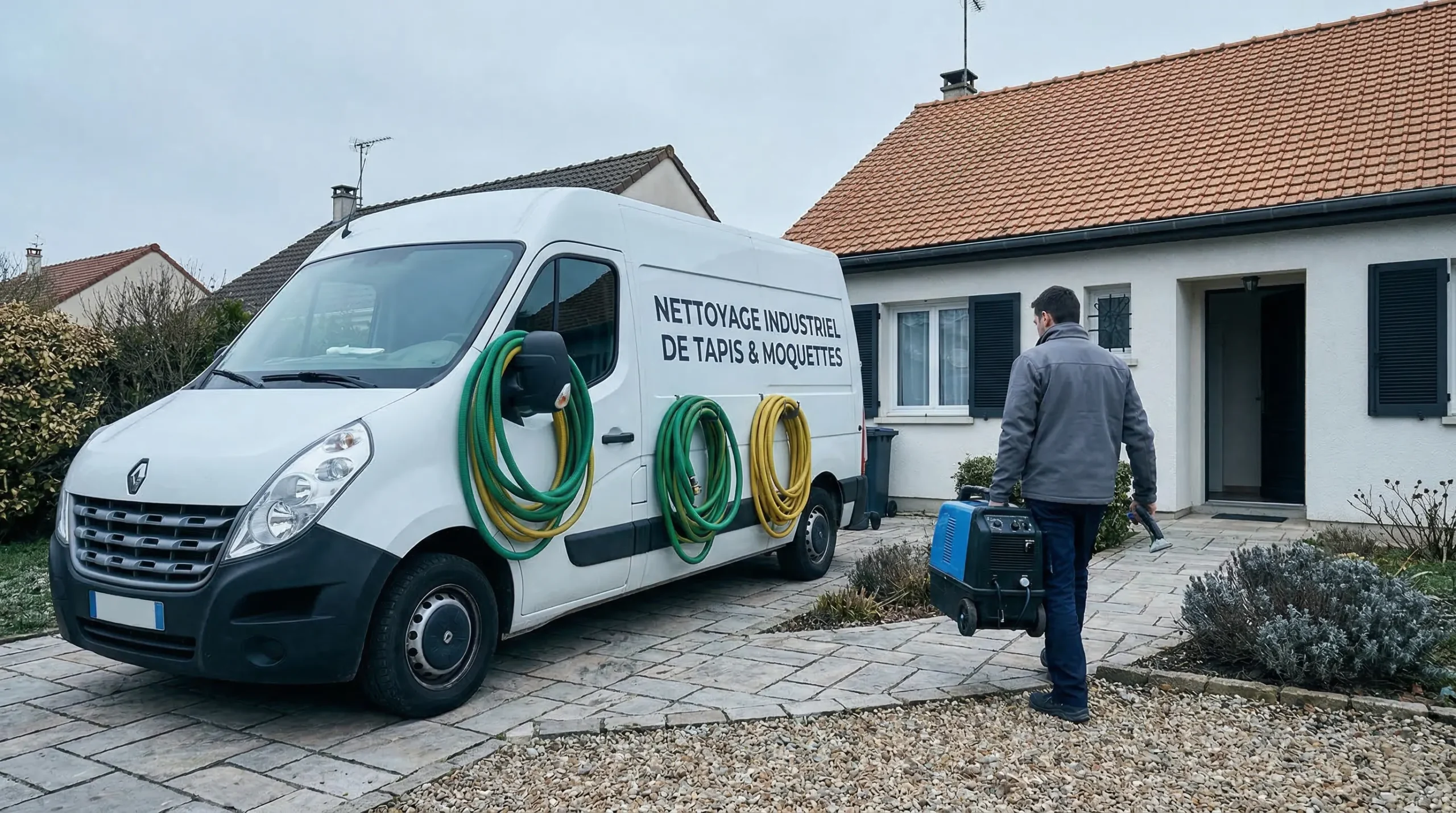 Camionnette blanche Renault Master avec équipement industriel de nettoyage de tapis et moquettes, tuyaux colorés, technician en veste grise avec machine d'extraction bleue, maison résidentielle avec toit tuiles, ciel bleu, allée gravillonnée