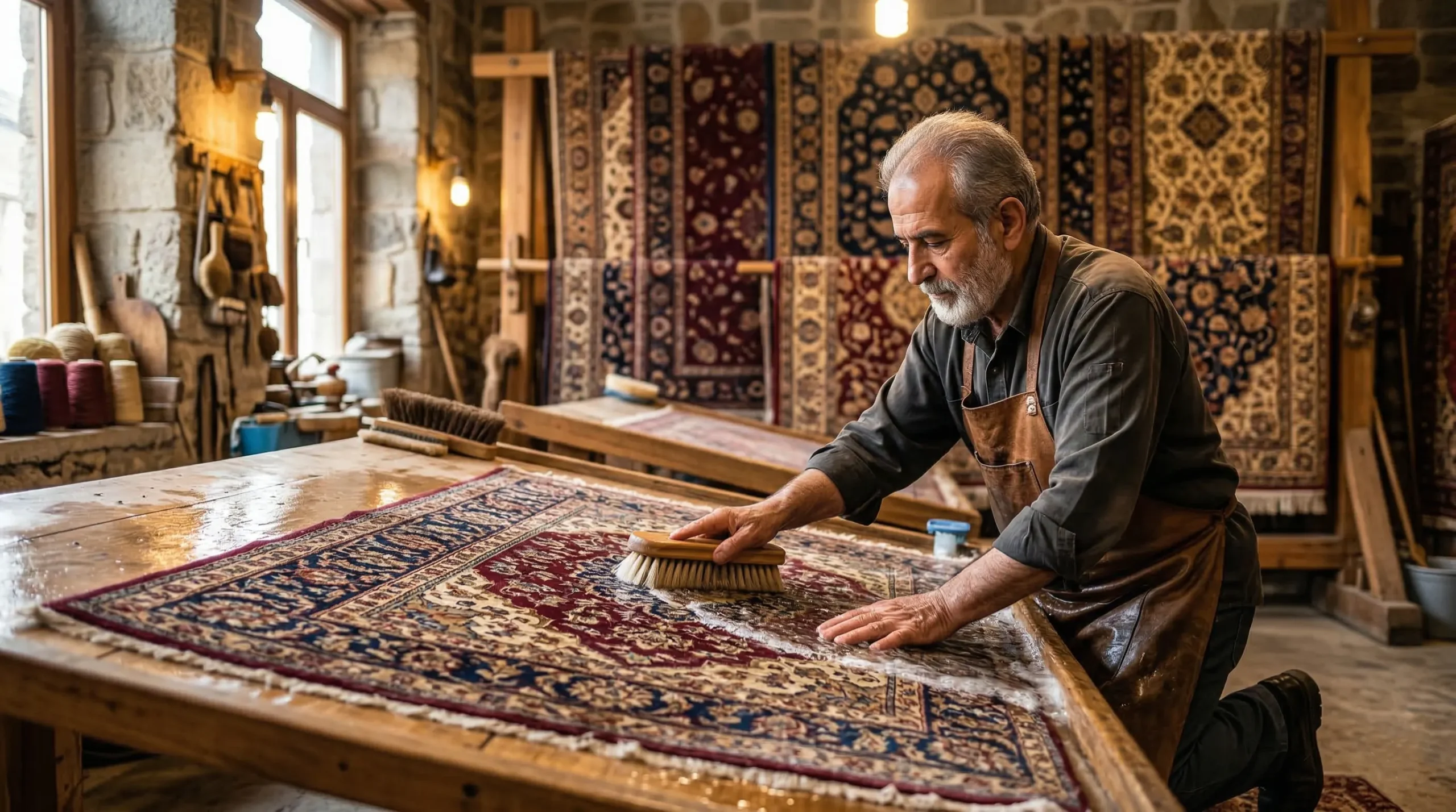 Artisan expert brossant délicatement à la main un tapis d'Orient sur une table de lavage en bois dans un atelier de restauration traditionnel
