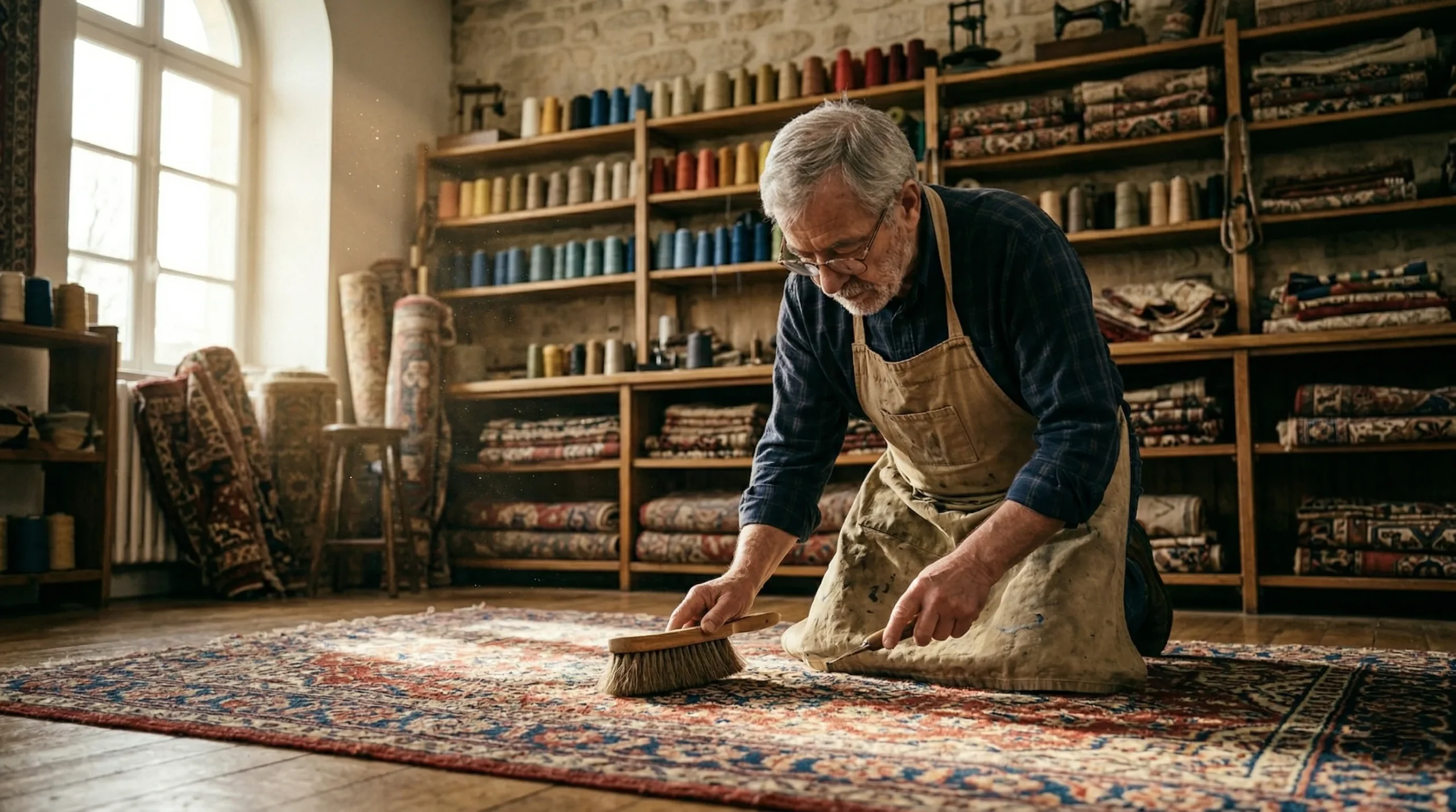 Artisan spécialisé nettoyant délicatement un tapis persan en laine avec une brosse naturelle dans son atelier des Yvelines