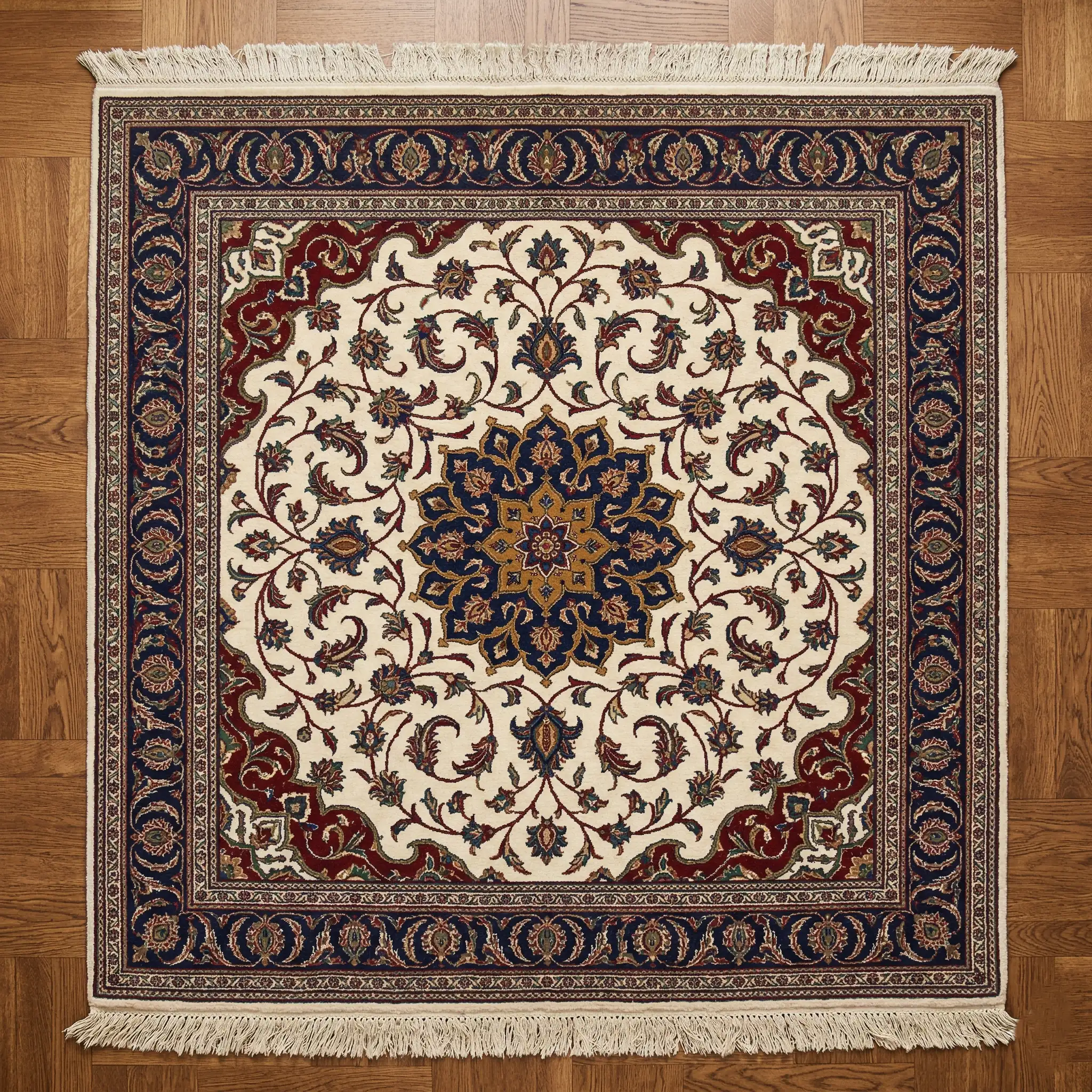 Vue overhead d'un tapis persan complet posé sur parquet, montrant le motif central bleu marine avec médaillon floral et bordures géométriques or, franges crème bien conservées, aspect musée-qualité d'un tapis Ispahan ou Tabriz authentique de 40-50 ans
