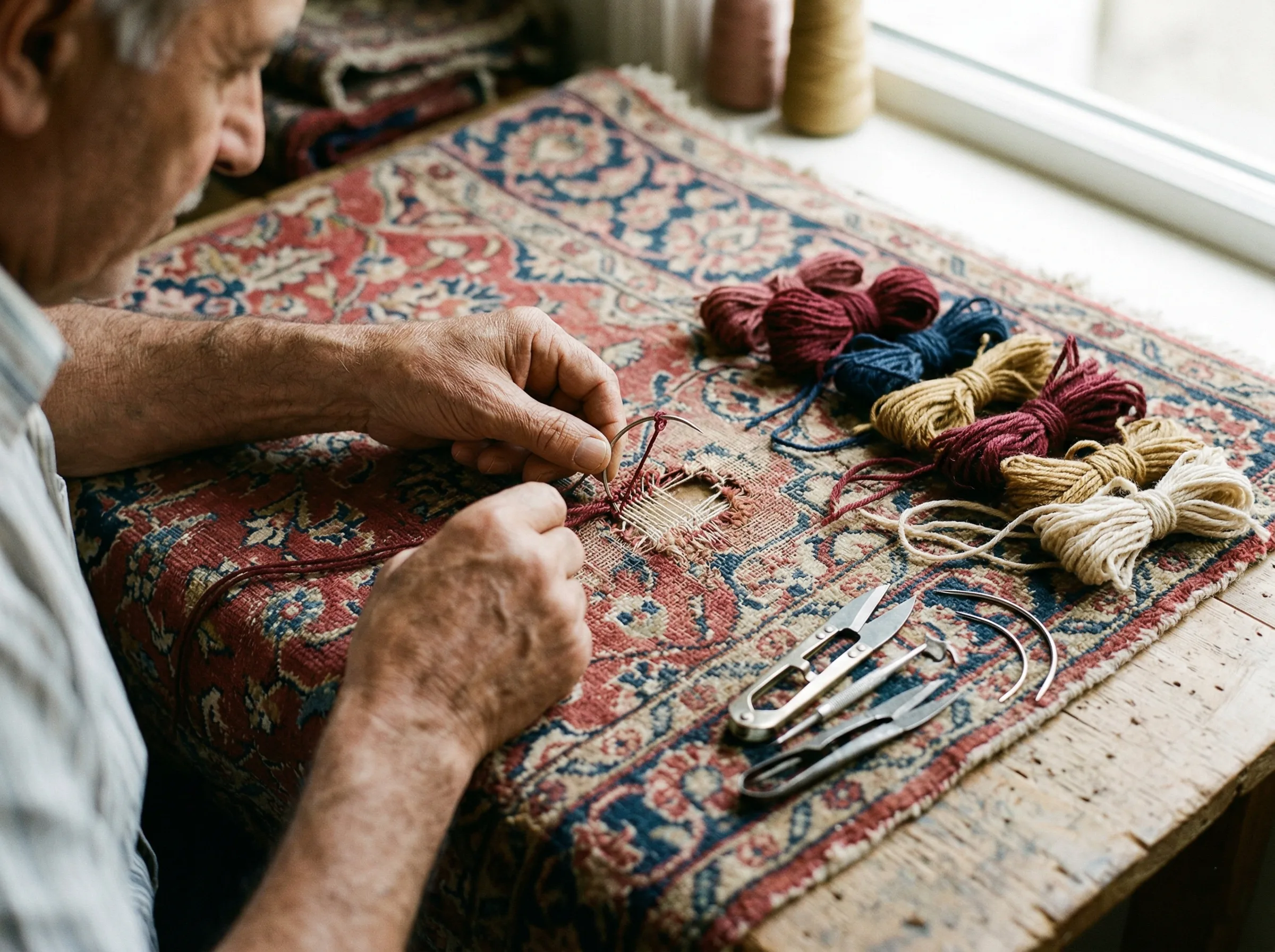 Artisan en train de retisser un trou dans un tapis persan ancien avec fils de laine colorés assortis